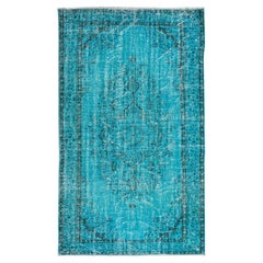 5.2x8.8 Ft Modern Handmade Rug. Turkish Vintage Carpet Over-Dyed in Teal Blue