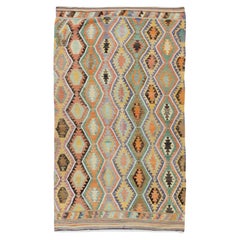 Tapis Kilim géométrique vintage en laine fait à la main à tissage plat, motif anatolien 5,2 x 9 pieds