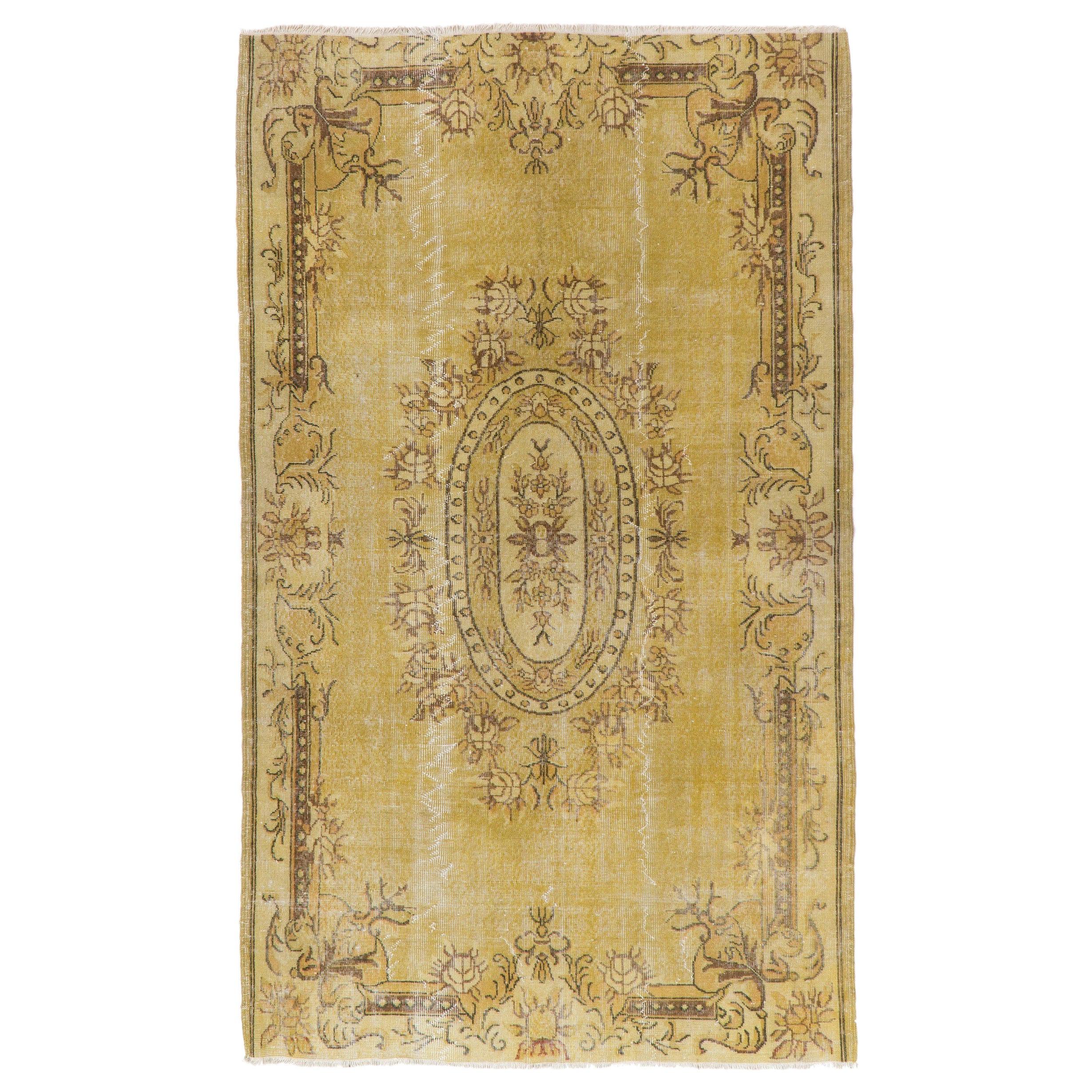 5.2x9 Ft Handmade Vintage Baroque Style Area Rug in Yellow. Modern Wool Carpet For Sale