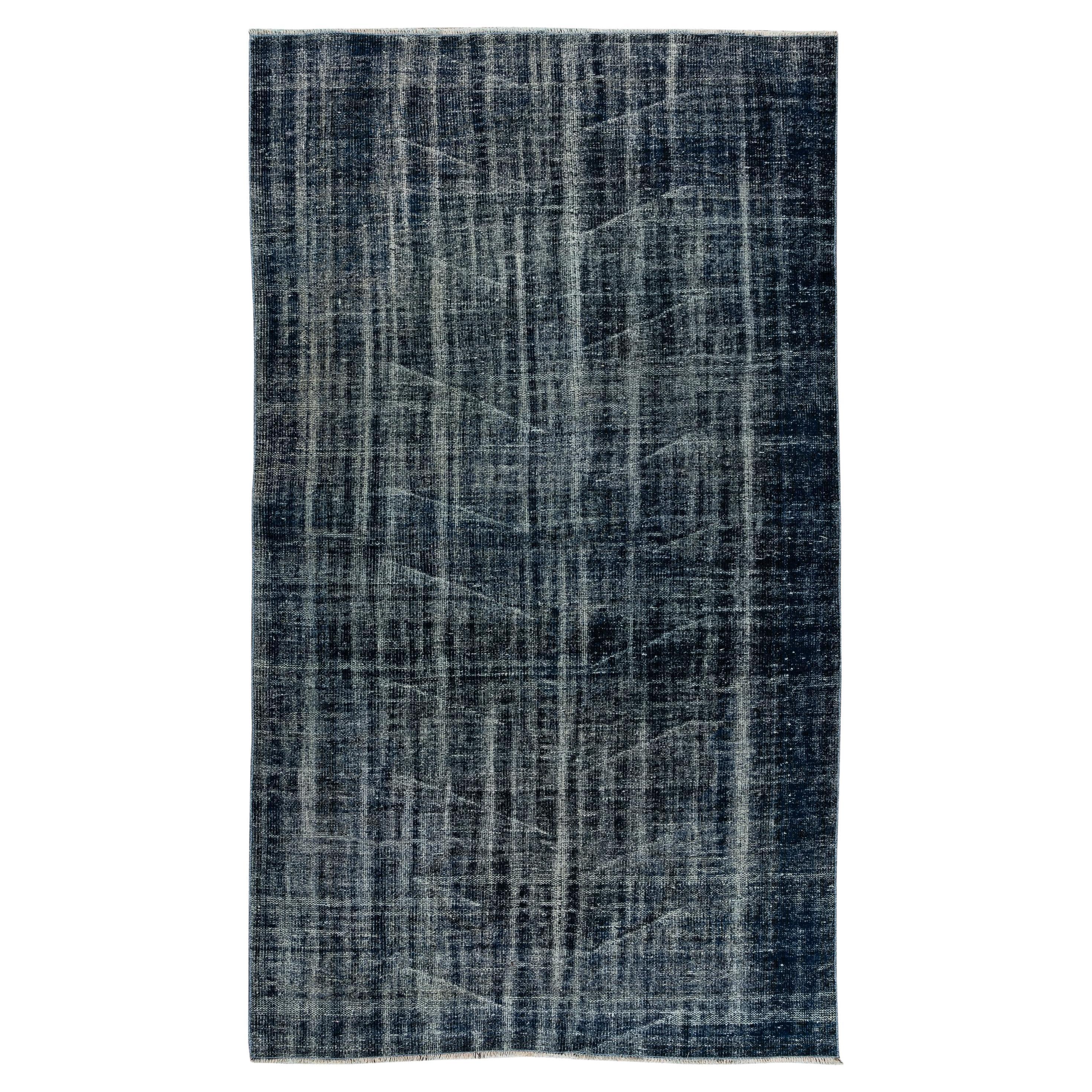 Turkish Vintage Wool Carpet in Navy Blue, Modern Hand Knotted Area Rug For Sale