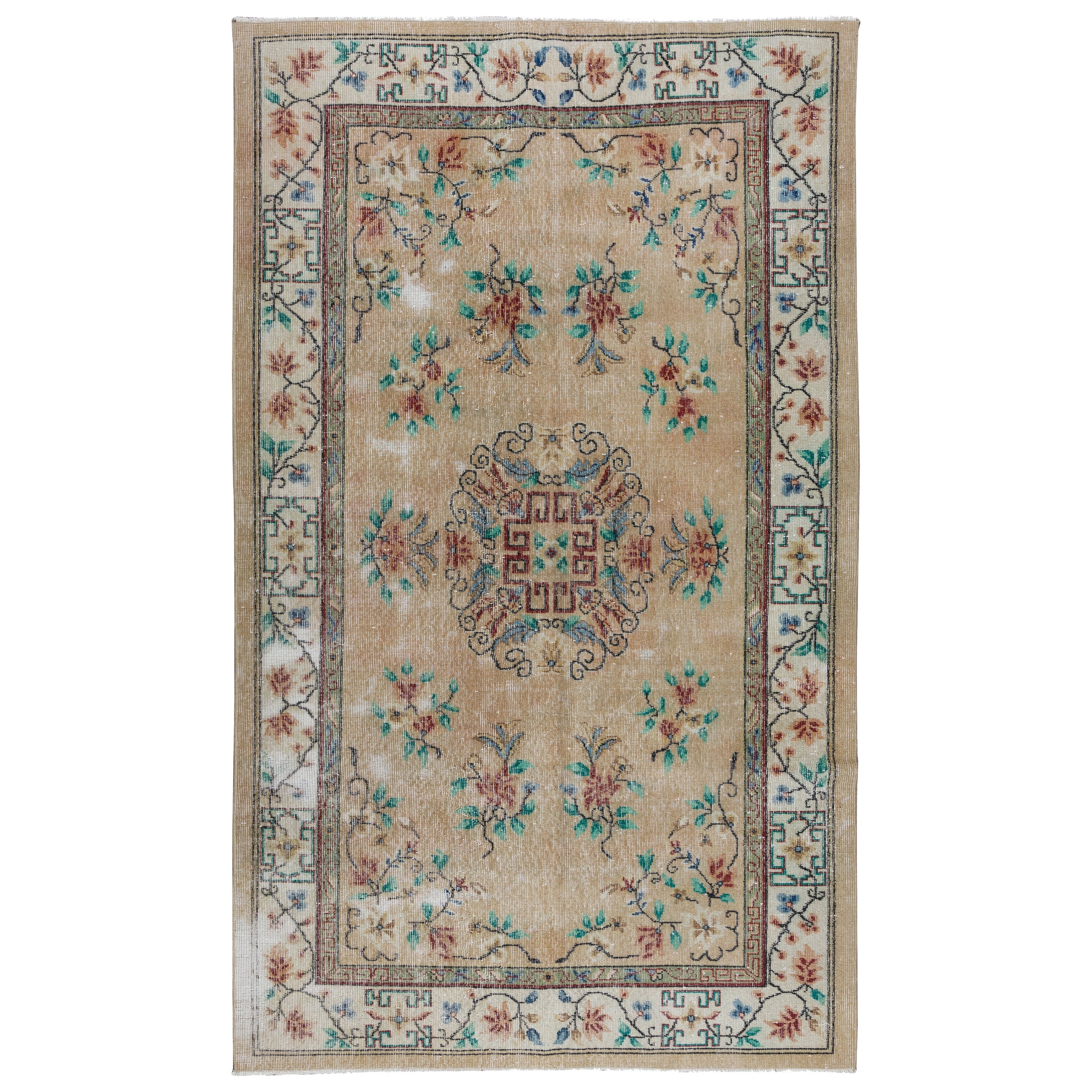 Handgefertigter Vintage-Wollteppich in Beige mit 5.2x9 Ft in Beige mit Art Deco chinesischem Design im Angebot