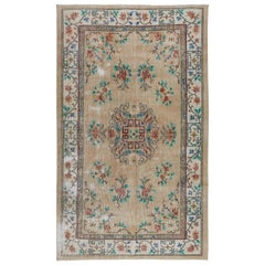 5.2x9 Ft Vintage Handmade Wool Area Rug in Beige with Art Deco Chinese Design