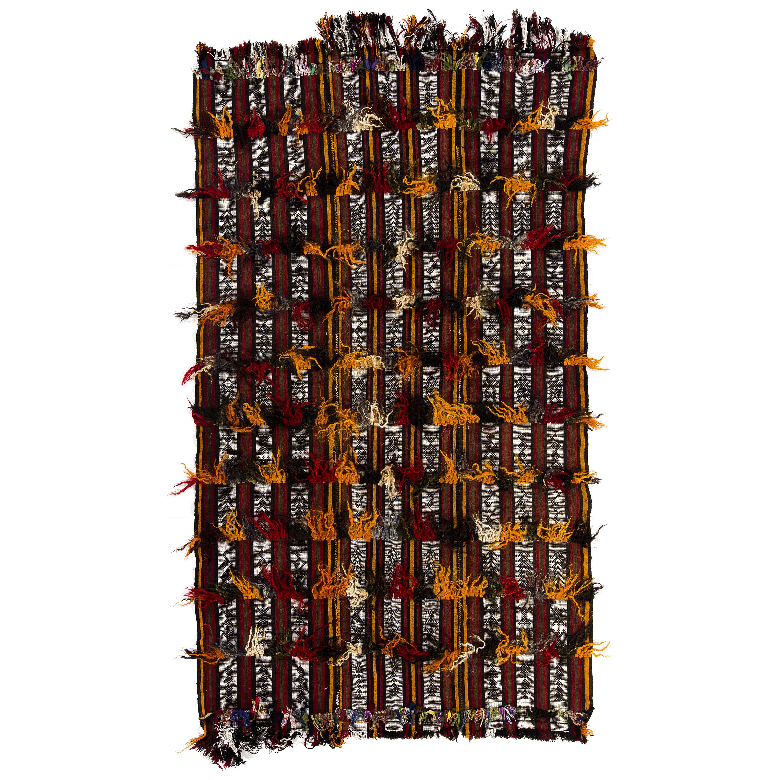 5.2x9.2 Ft gestreifter Kelim-Teppich mit Woll-Baumwoll-Stoff, Stammeskunst-Wandbehang mit Pompen