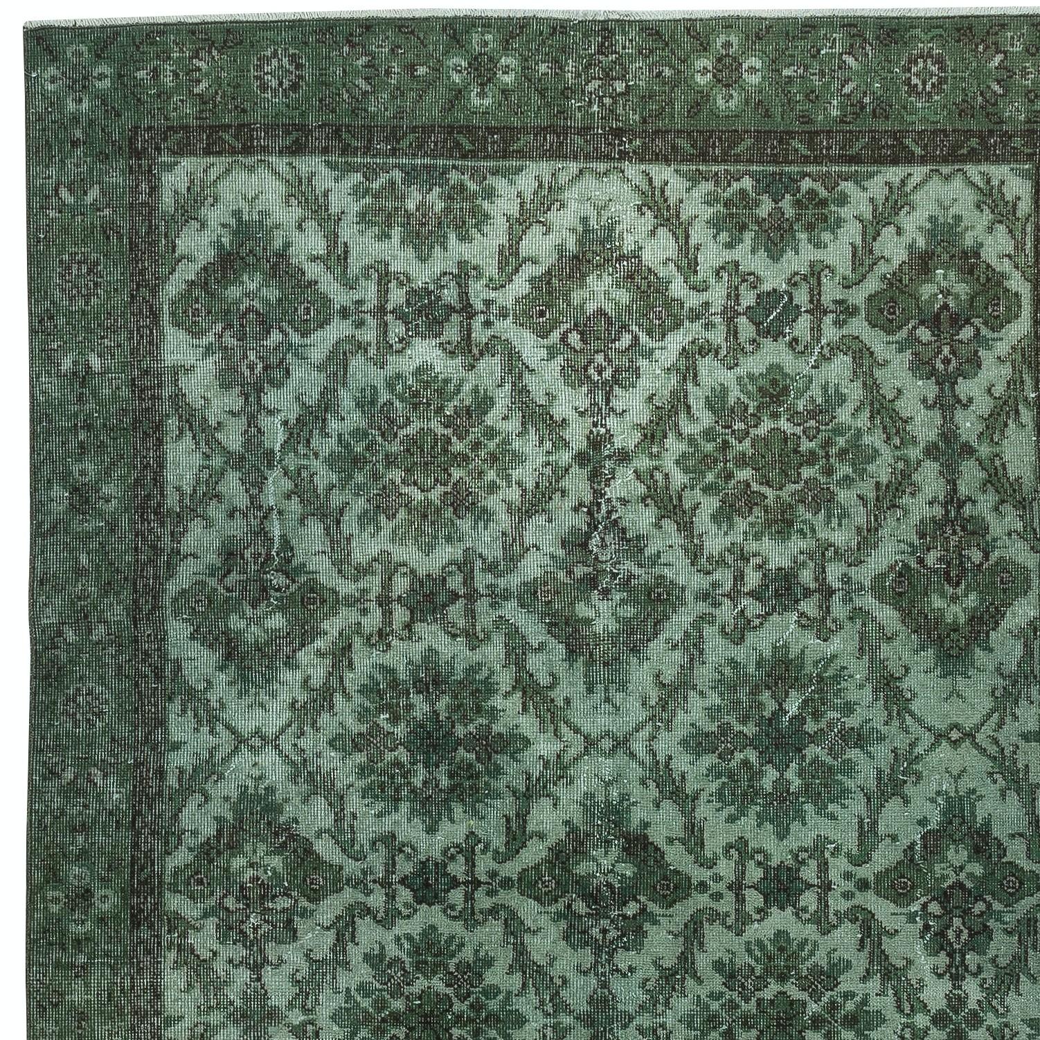 Hand-Knotted 5.2x9.3 Ft Contemporary Handmade Floral Pattern Turkish Area Rug in Green Color For Sale