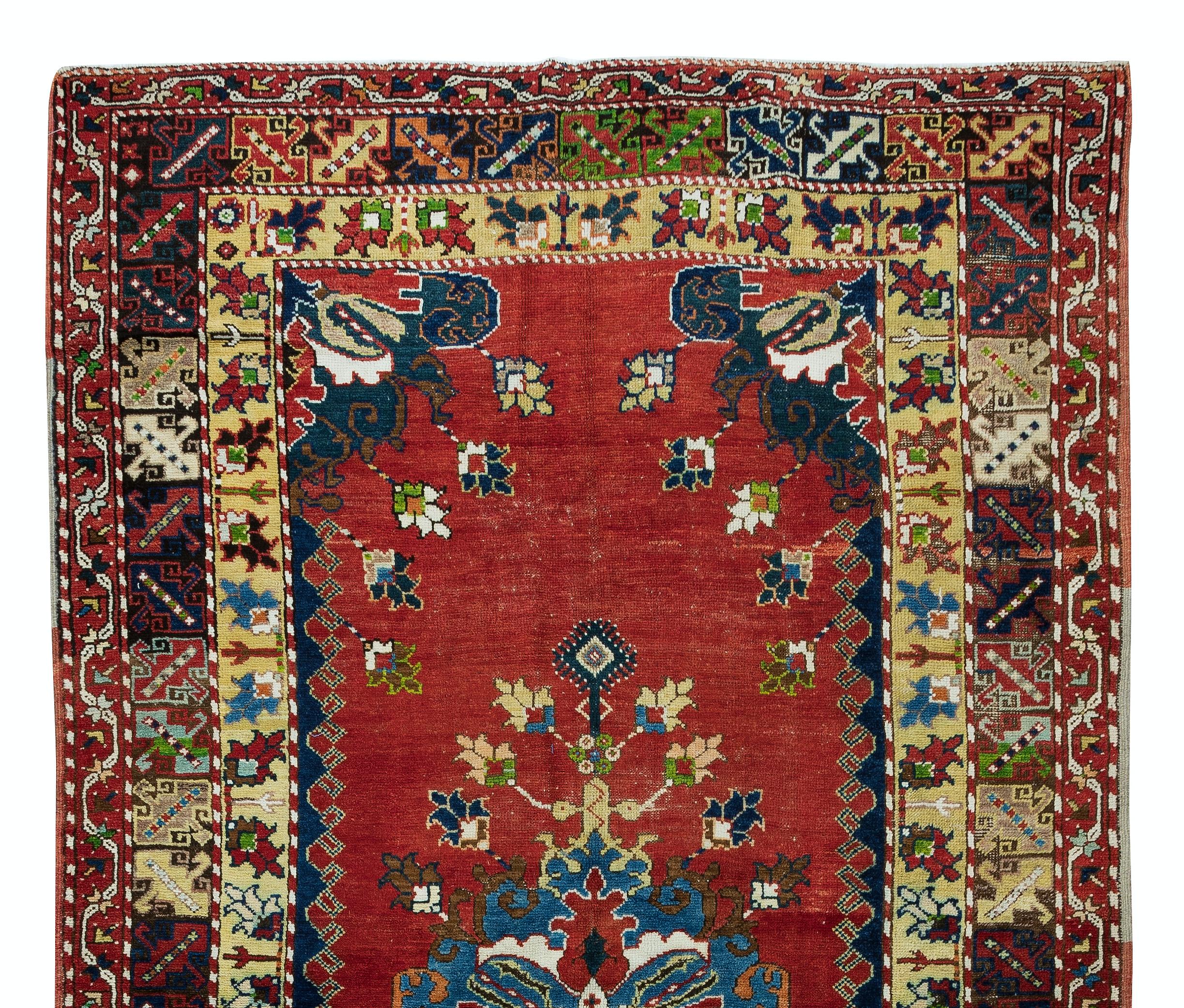 Hand-Knotted 5.2x9.3 Ft Handmade 1960s Turkish Village Rug with Medallion Design, 100% WOOL For Sale