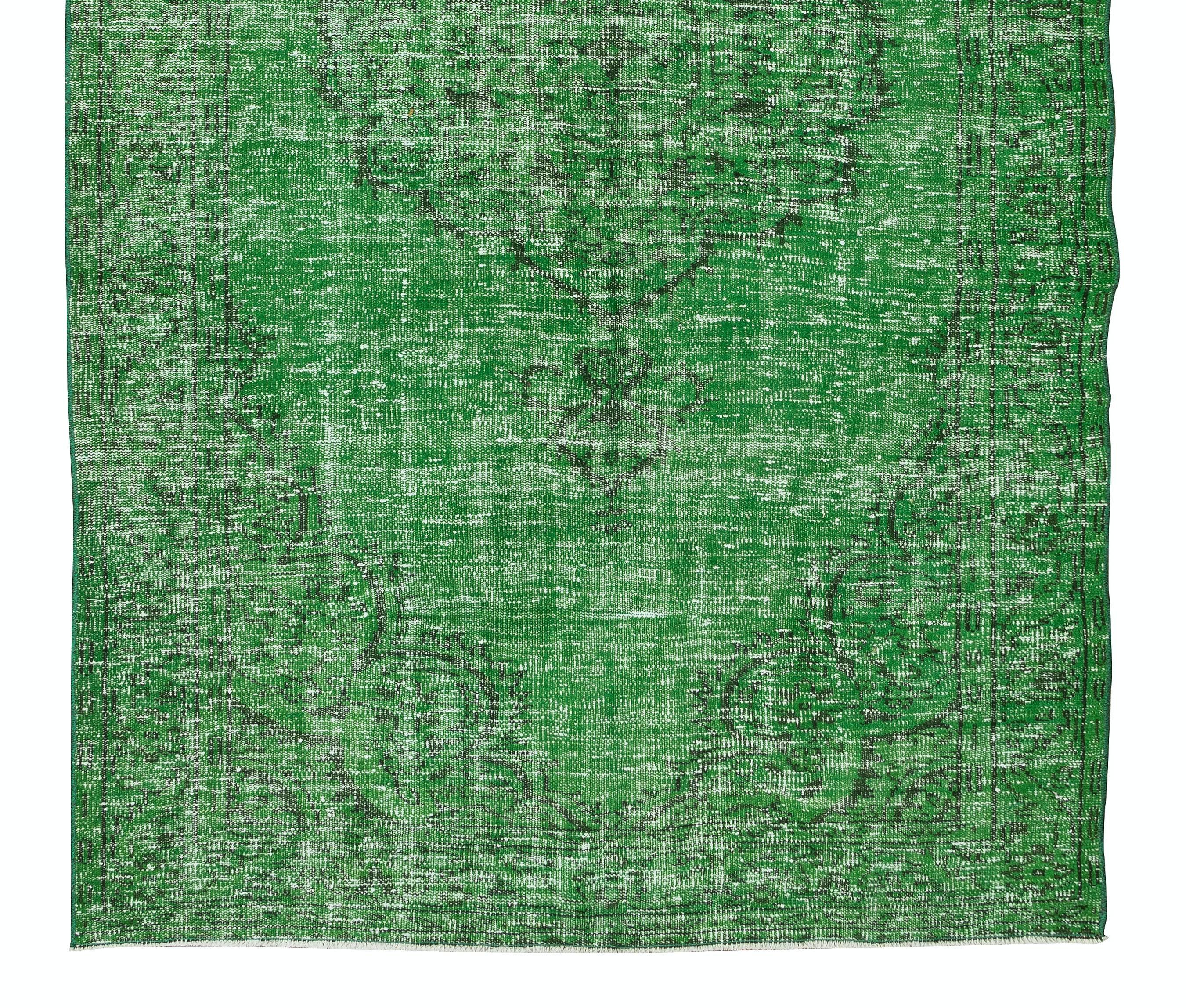 Hand-Woven 5.2x9.3 Ft Vintage Anatolian Area Rug, Green Handmade Contemporary Wool Carpet For Sale