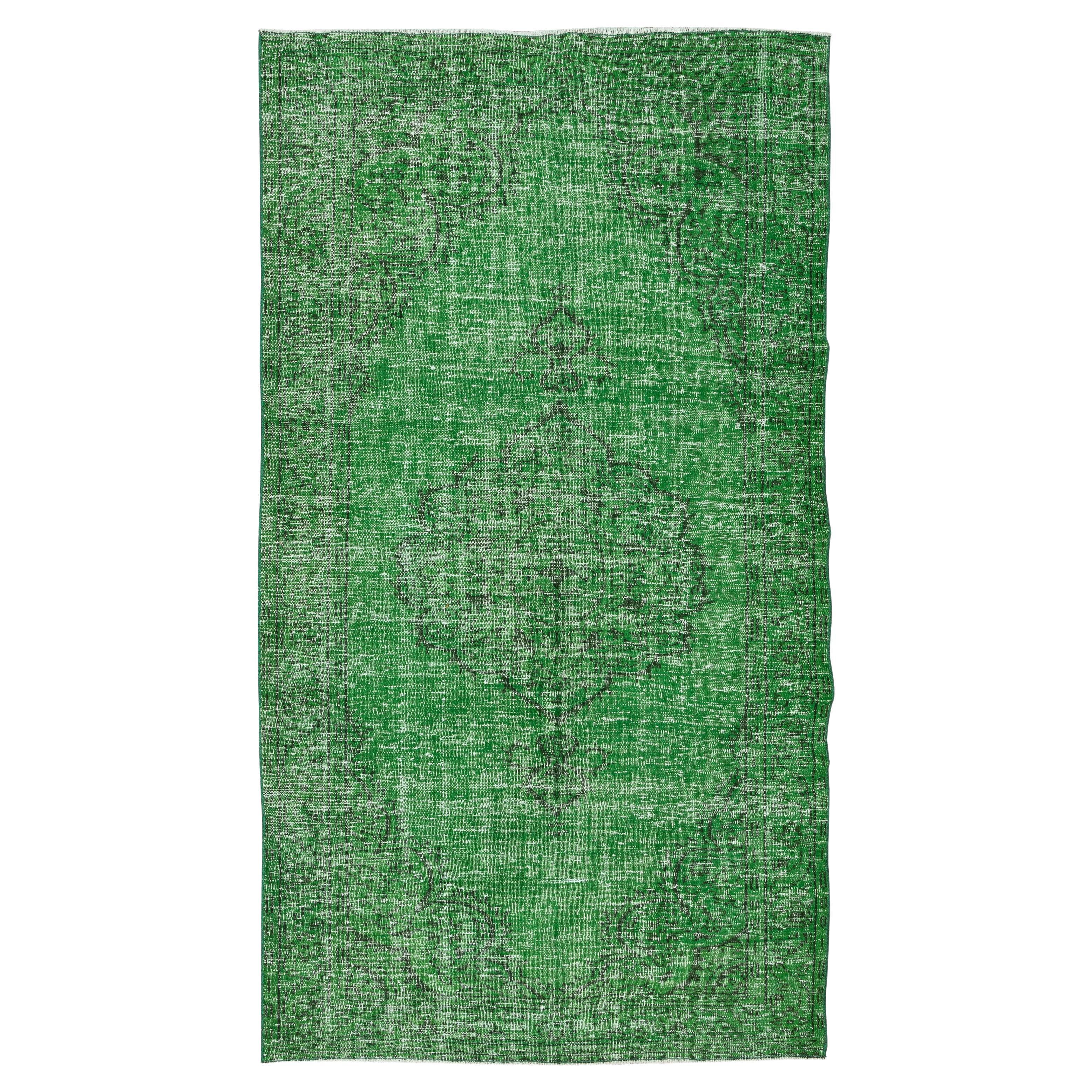 5.2x9.3 Ft Vintage Anatolian Area Rug, Green Handmade Contemporary Wool Carpet For Sale