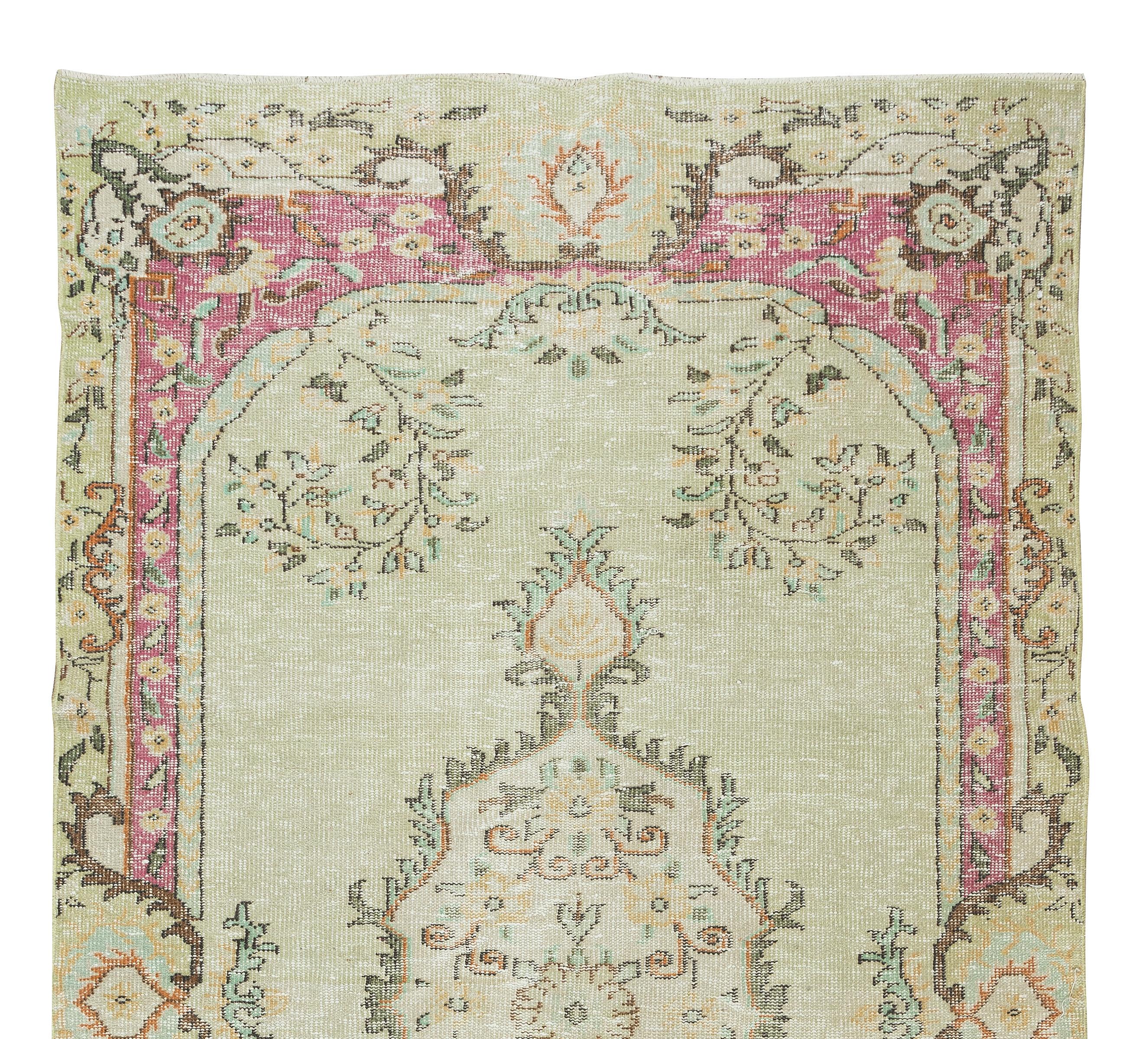 Hand-Knotted 5.2x9.7 Ft Turkish Vintage Wool Area Rug, Light Green & Pink Handmade Carpet For Sale