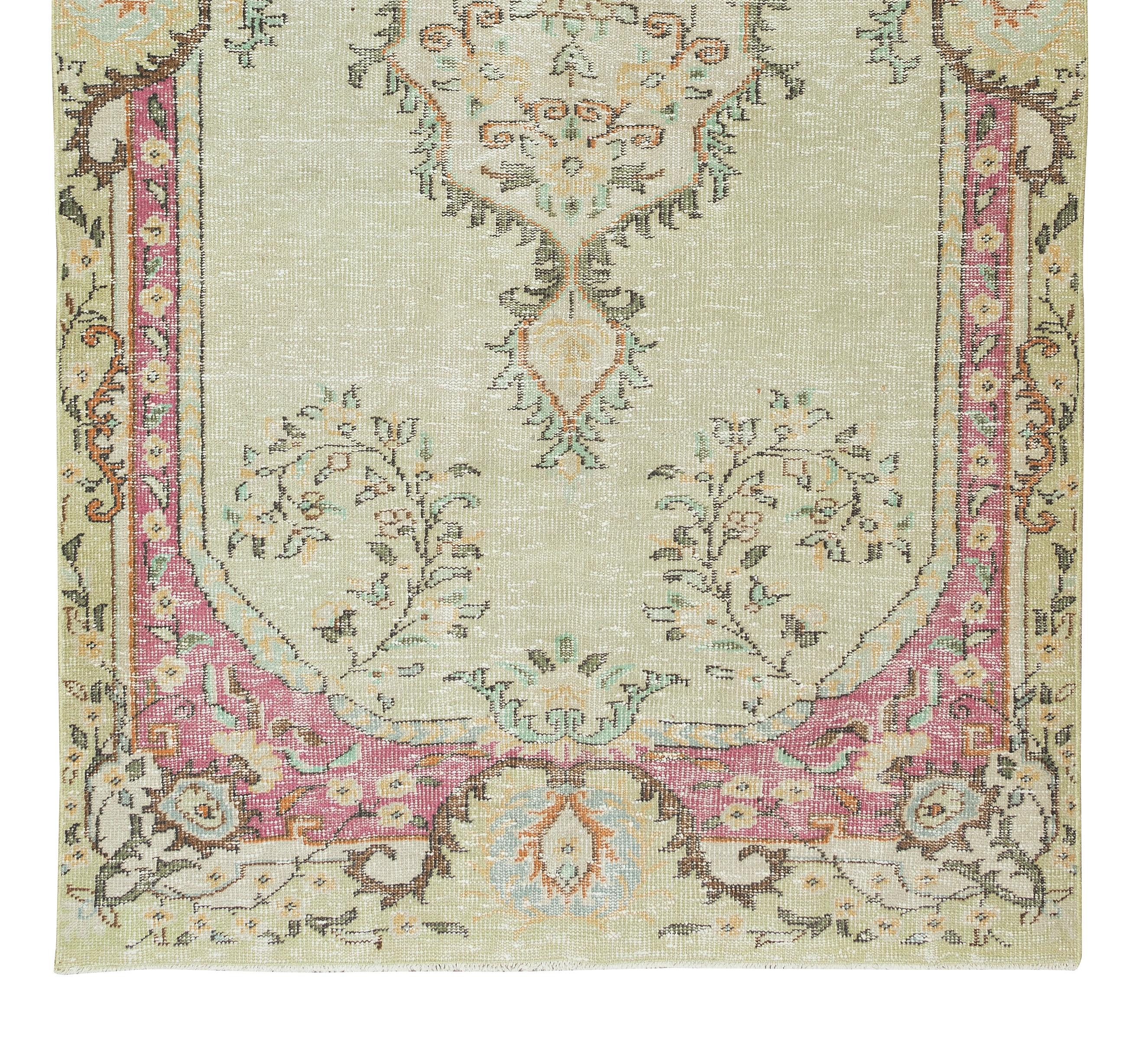5.2x9.7 Ft Turkish Vintage Wool Area Rug, Light Green & Pink Handmade Carpet In Good Condition For Sale In Philadelphia, PA