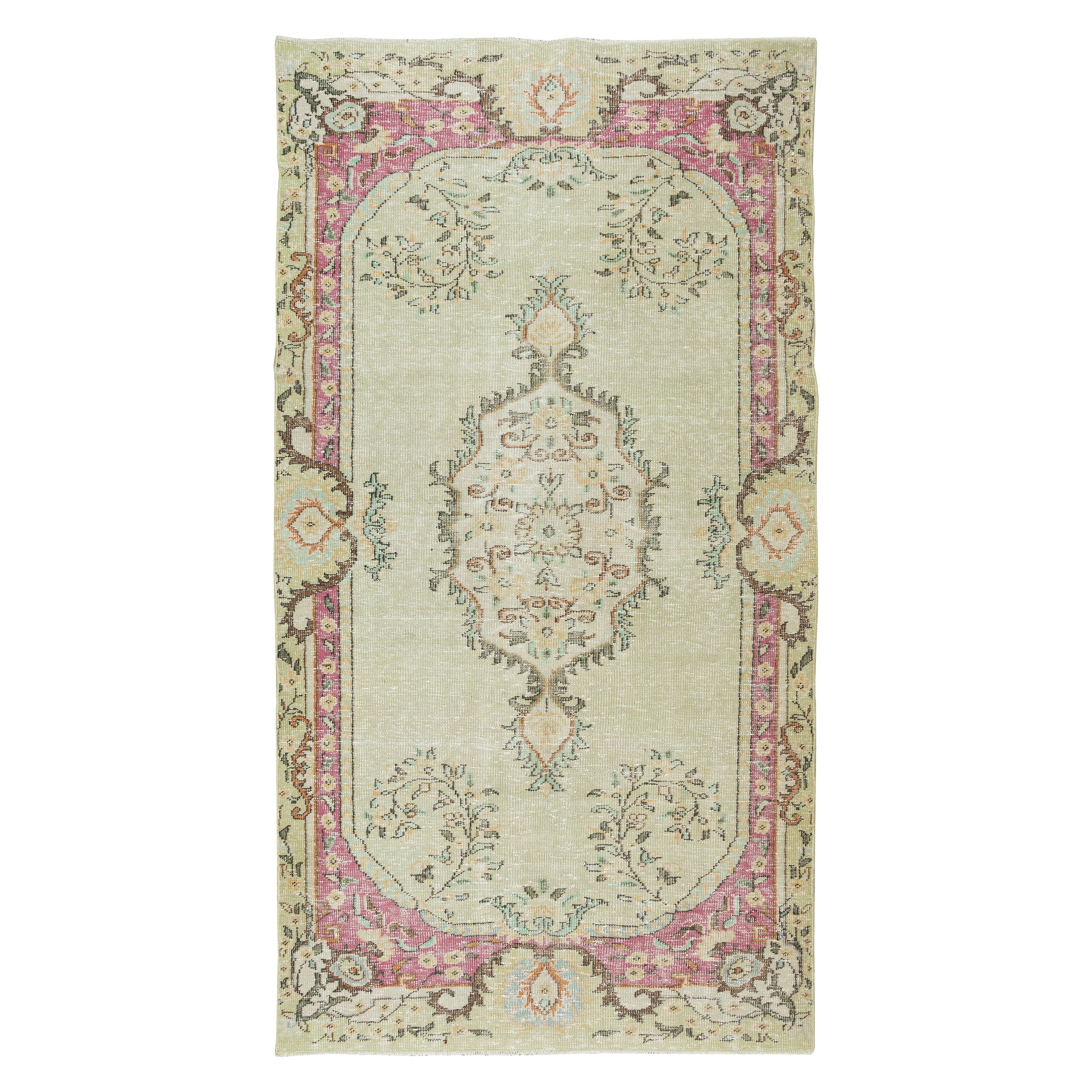 Türkischer Vintage-Wollteppich 5.2x9.7 Ft, hellgrüner und rosa handgefertigter Teppich