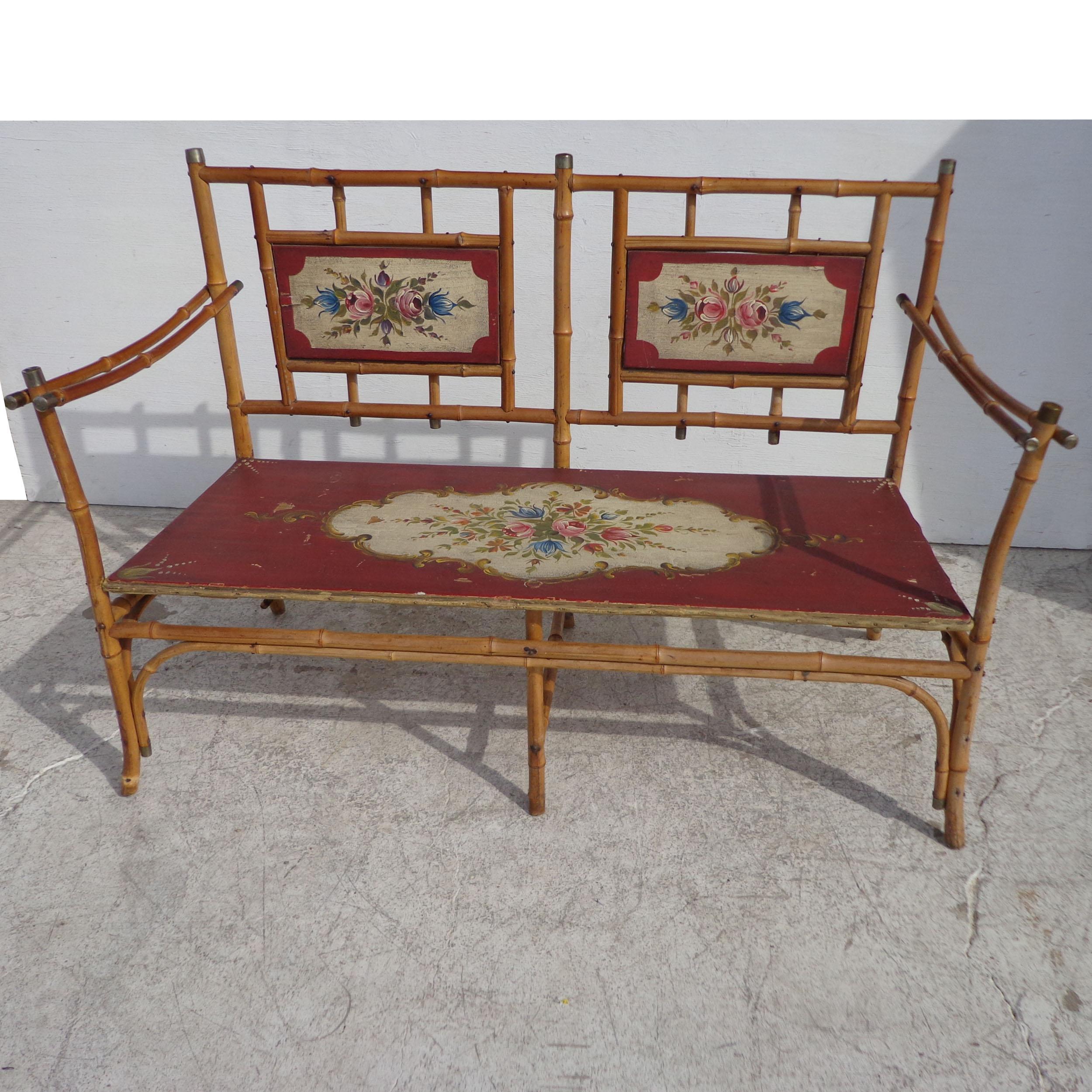Antique Bamboo Eastlake Style settee

 Bamboo and hardwood construction with accents in brass. Hand painted seat and back in floral motifs.

53? Width x 22? Depth x 34.75? Height

Seat Height 15?

Arm Height 34.5?.