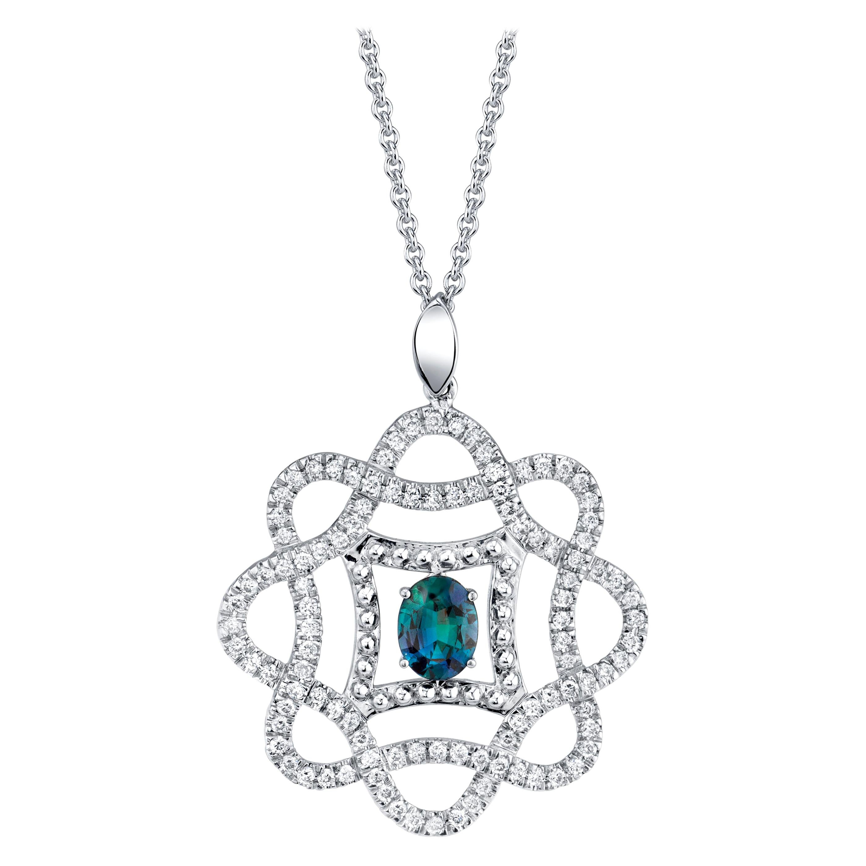 .53 Carat Alexandrite and Diamond Swirl Pendant in White Gold with Chain For Sale