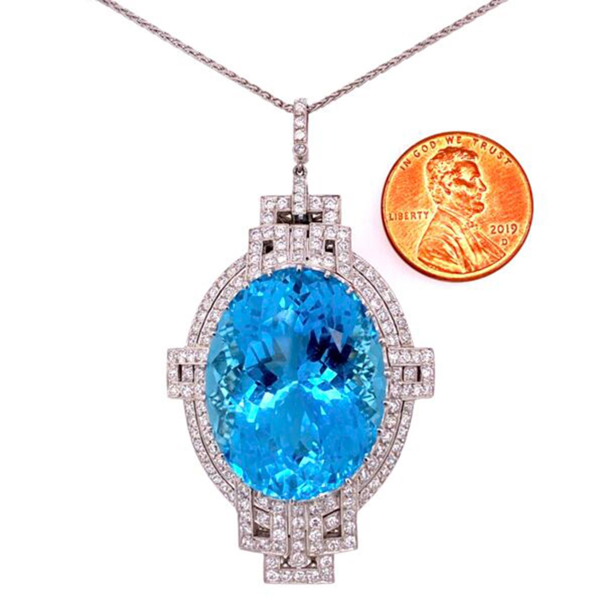 Women's Vintage 53 Carat Aquamarine and Diamond Art Deco Revival Platinum Necklace  For Sale
