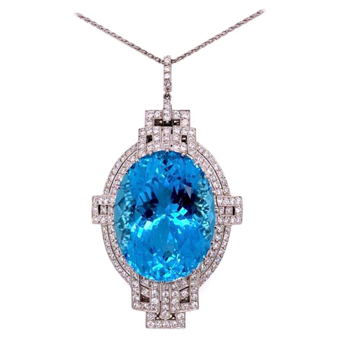 Vintage 53 Carat Aquamarine and Diamond Art Deco Revival Platinum Necklace  For Sale