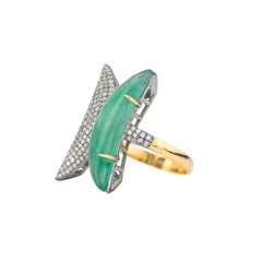 5.3ct Contemporary Silver Diamond and Emerald Fashion Ring, India