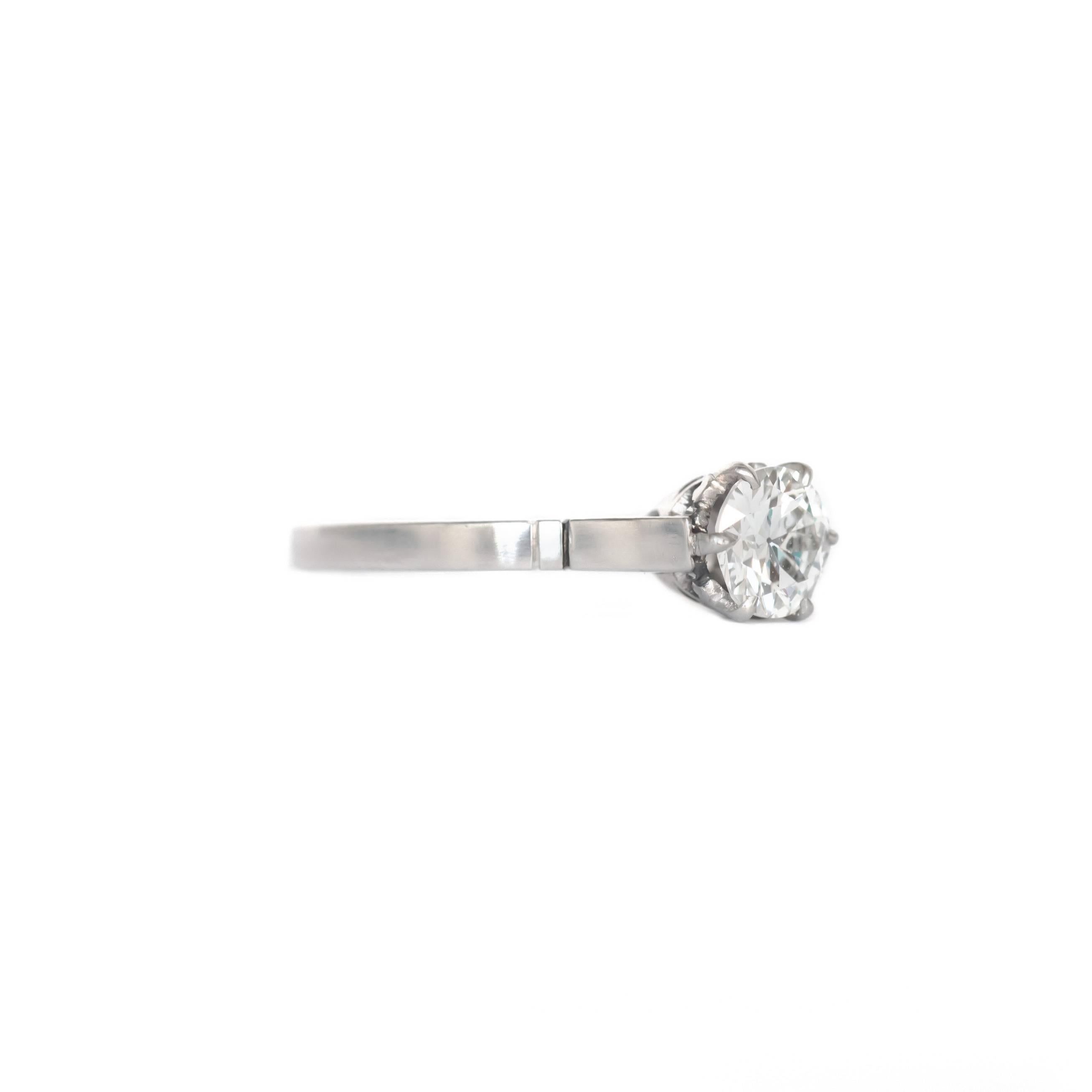 Item Details: 
Ring Size: 5.5
Metal Type: Platinum
Weight: 2.7 grams

Center Diamond Details
Shape: Old European
Carat Weight: .53 Carat 
Color: F
Clarity: VS

Finger to Top of Stone Measurement: 5.25mm