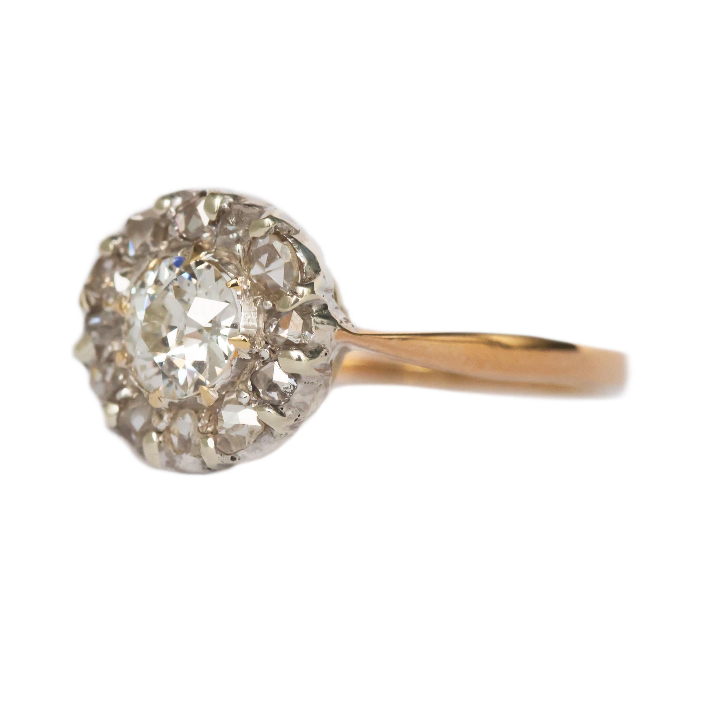 Ring Size: 6.95
Metal Type: 14 karat Yellow Gold Shank and 14 karat White Gold Head
Weight: 3.2 grams

Center Diamond Details
Shape: Old European Brilliant 
Carat Weight: .53 carat
Color: I
Clarity: SI1

Side Stone Details: 
Shape: Rose Cut 
Total