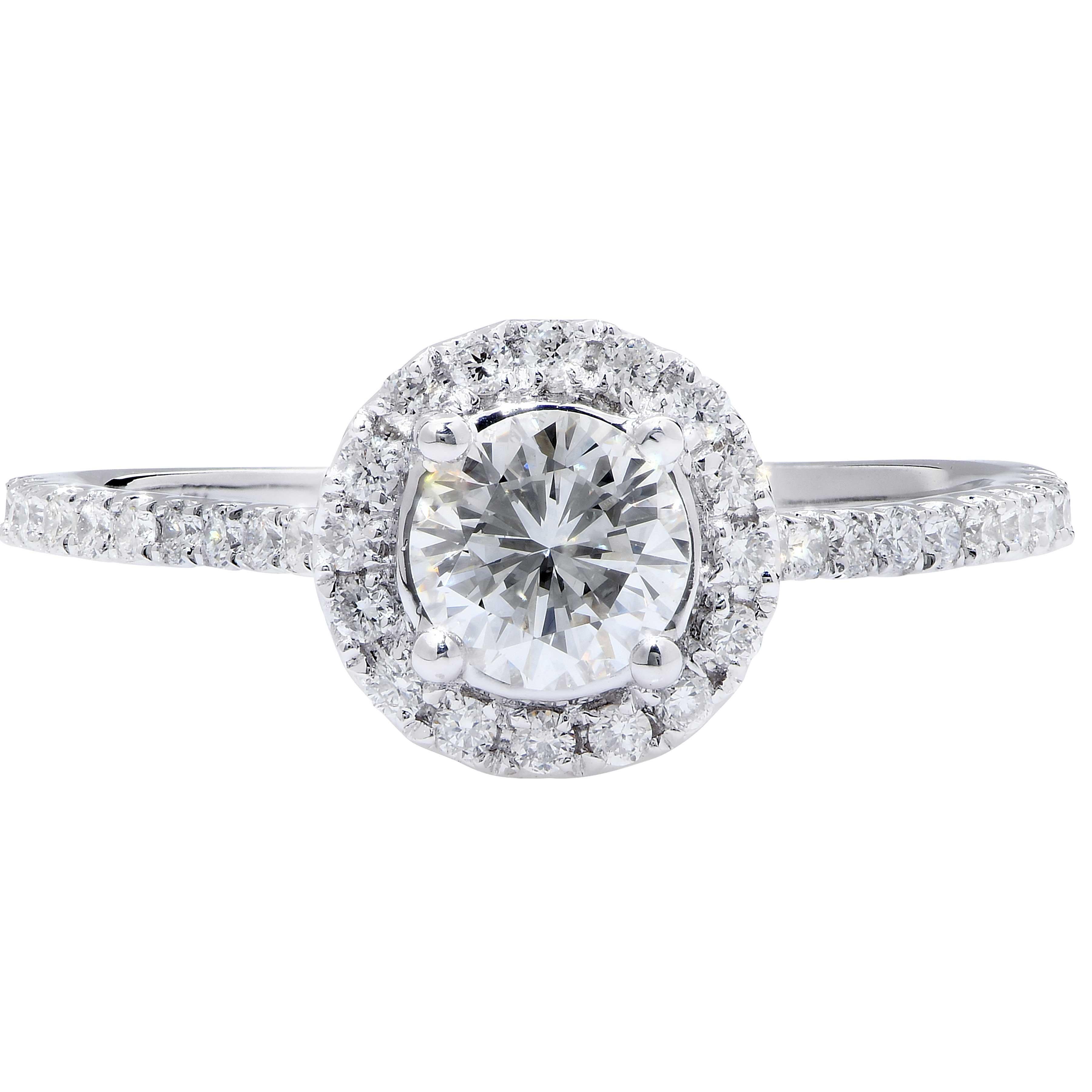 This beautiful diamond halo engagement ring features a round brilliant cut diamond graded by the Gemological Institute of America, GIA, to be H Color, VS1 Clarity. The center diamond is surrounded by 58 round brilliant cut diamonds with a total