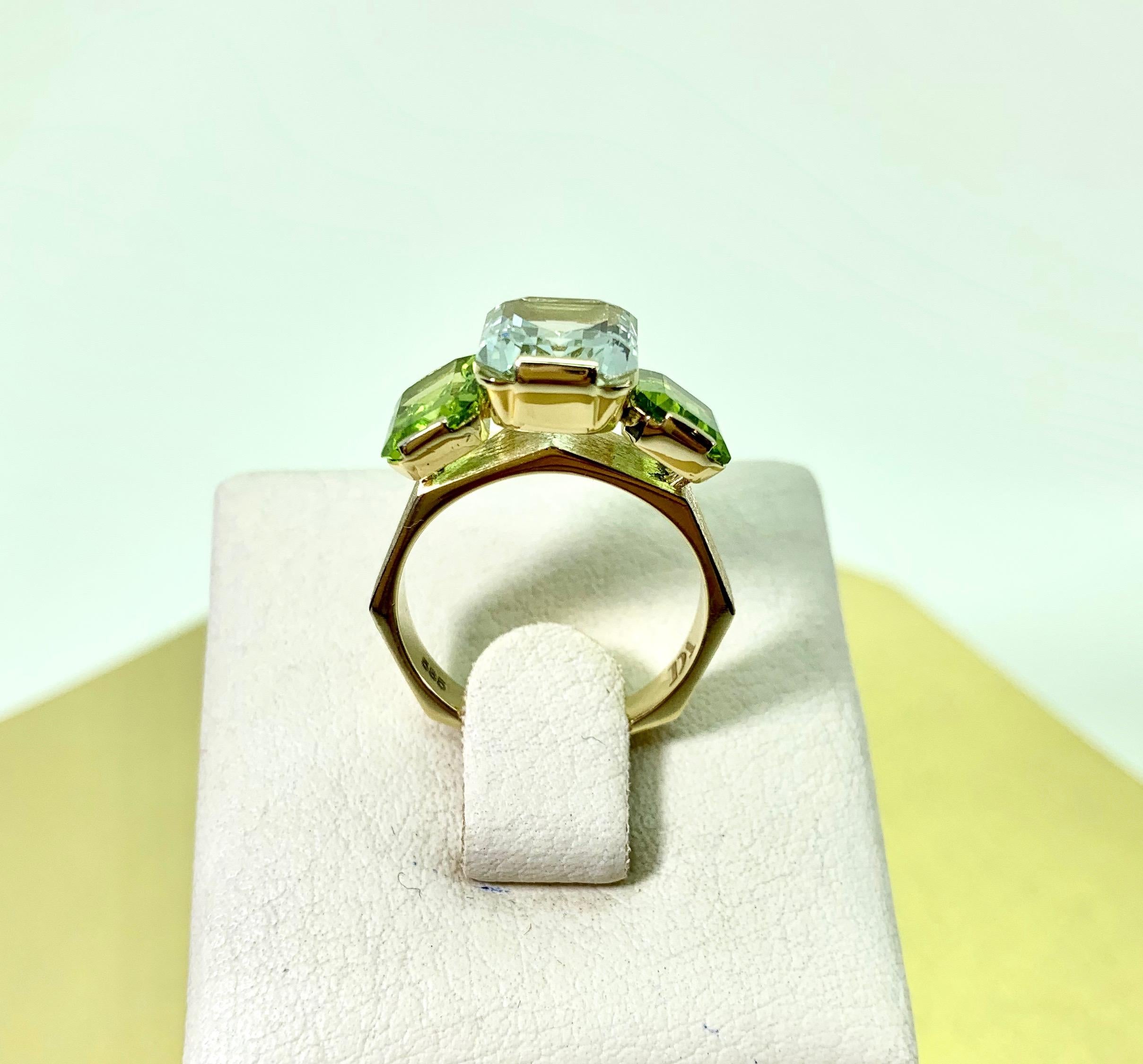 Here you can see very nice and very stylish combination of colors:
delicate green beryl and bright intense green peridots. 
The best idea for the ring with such stones - a geometrical airy ring from matte yellow gold. Such ring will look nice with
