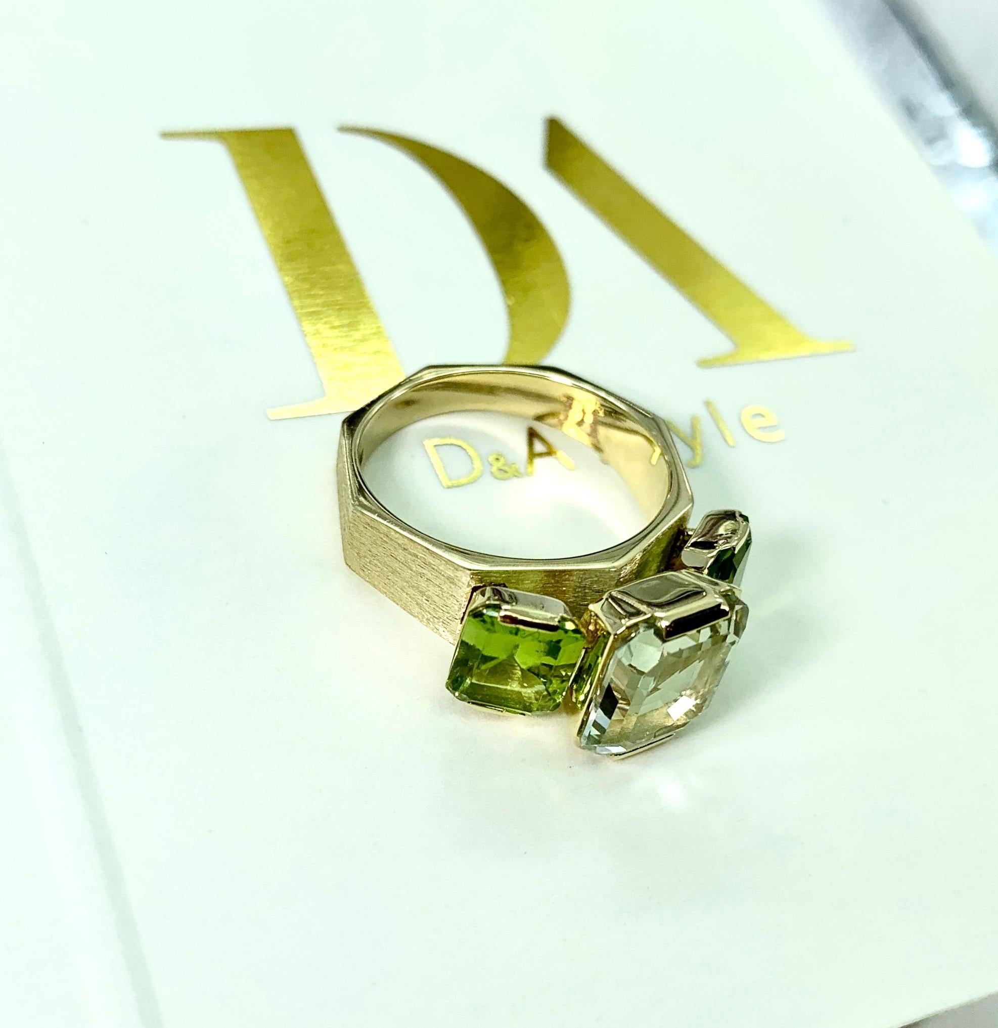 Emerald Cut 5.3 Carat Natural Green Amethyst and Peridot 14 Karat Yellow Gold Ring