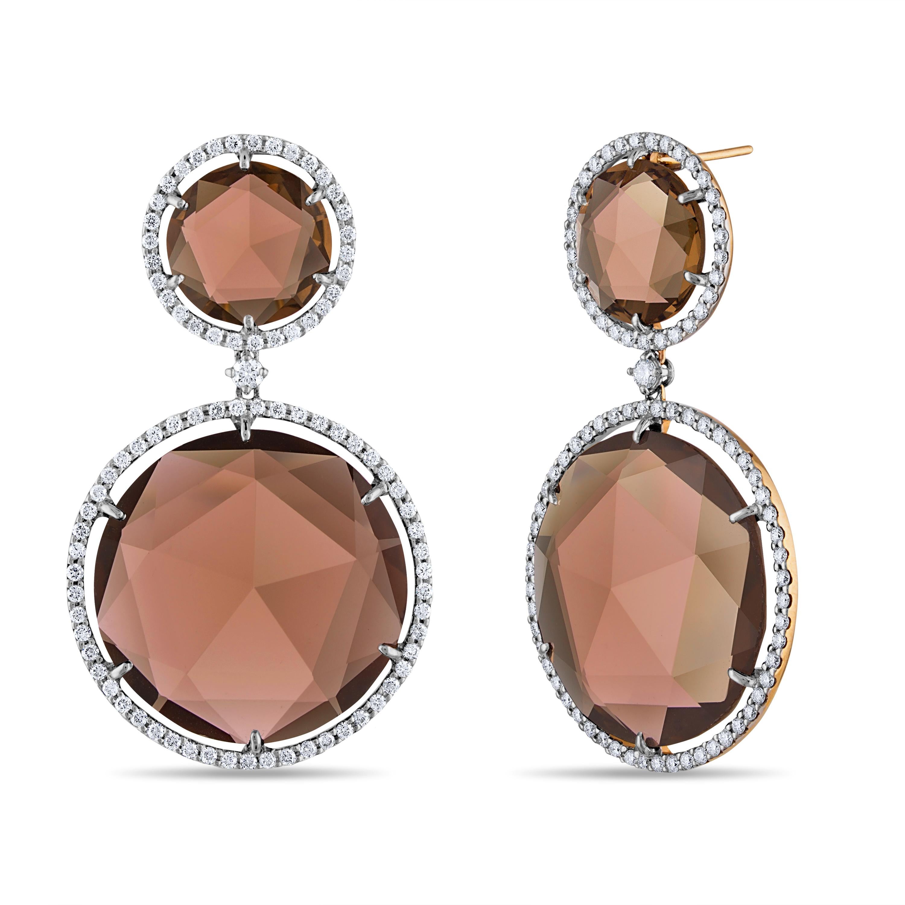 Contemporary 53 Carat Round Rose-Cut Smoky Quartz and Diamond Gold Earrings For Sale