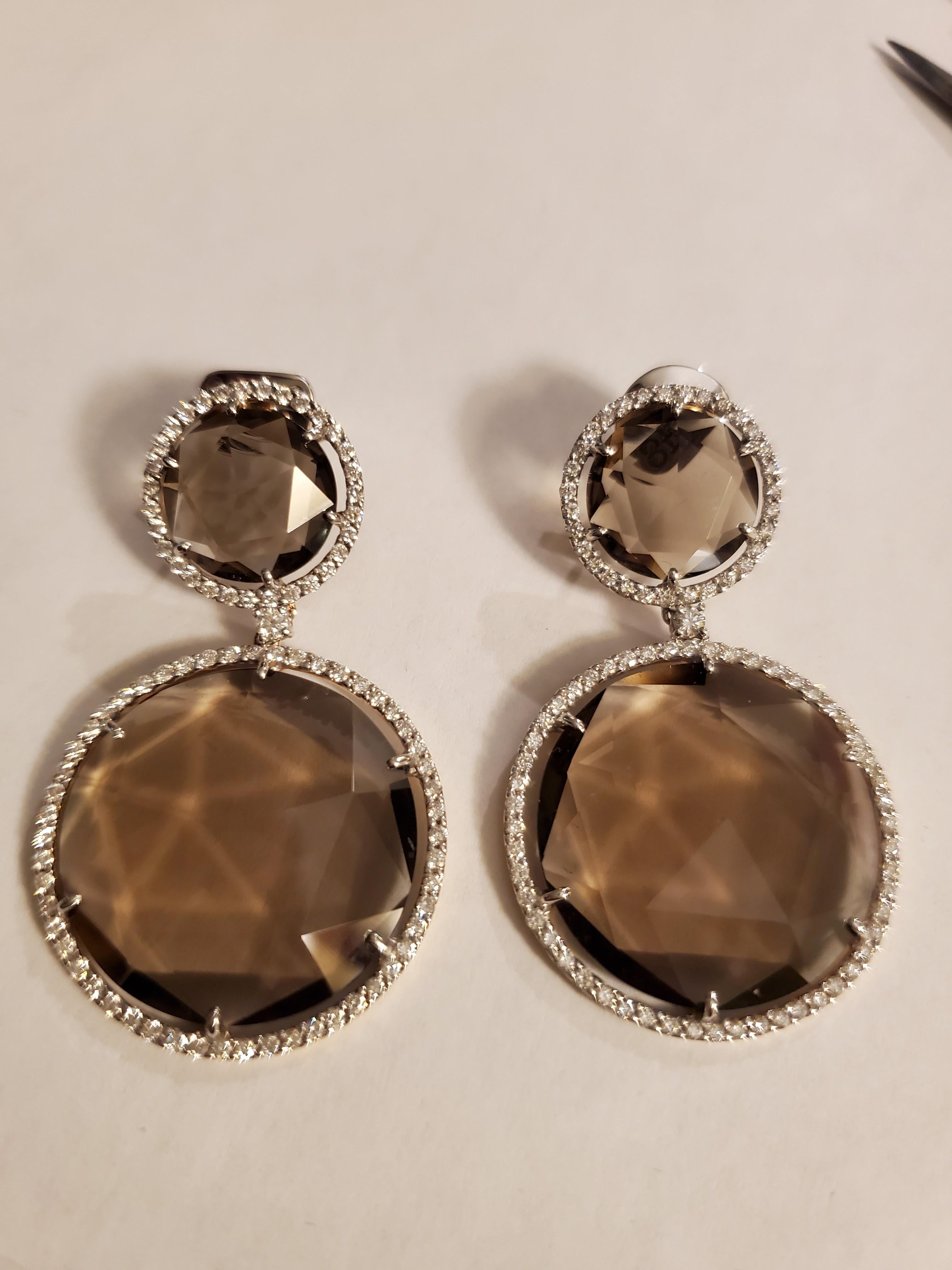 Round Cut 53 Carat Round Rose-Cut Smoky Quartz and Diamond Gold Earrings For Sale