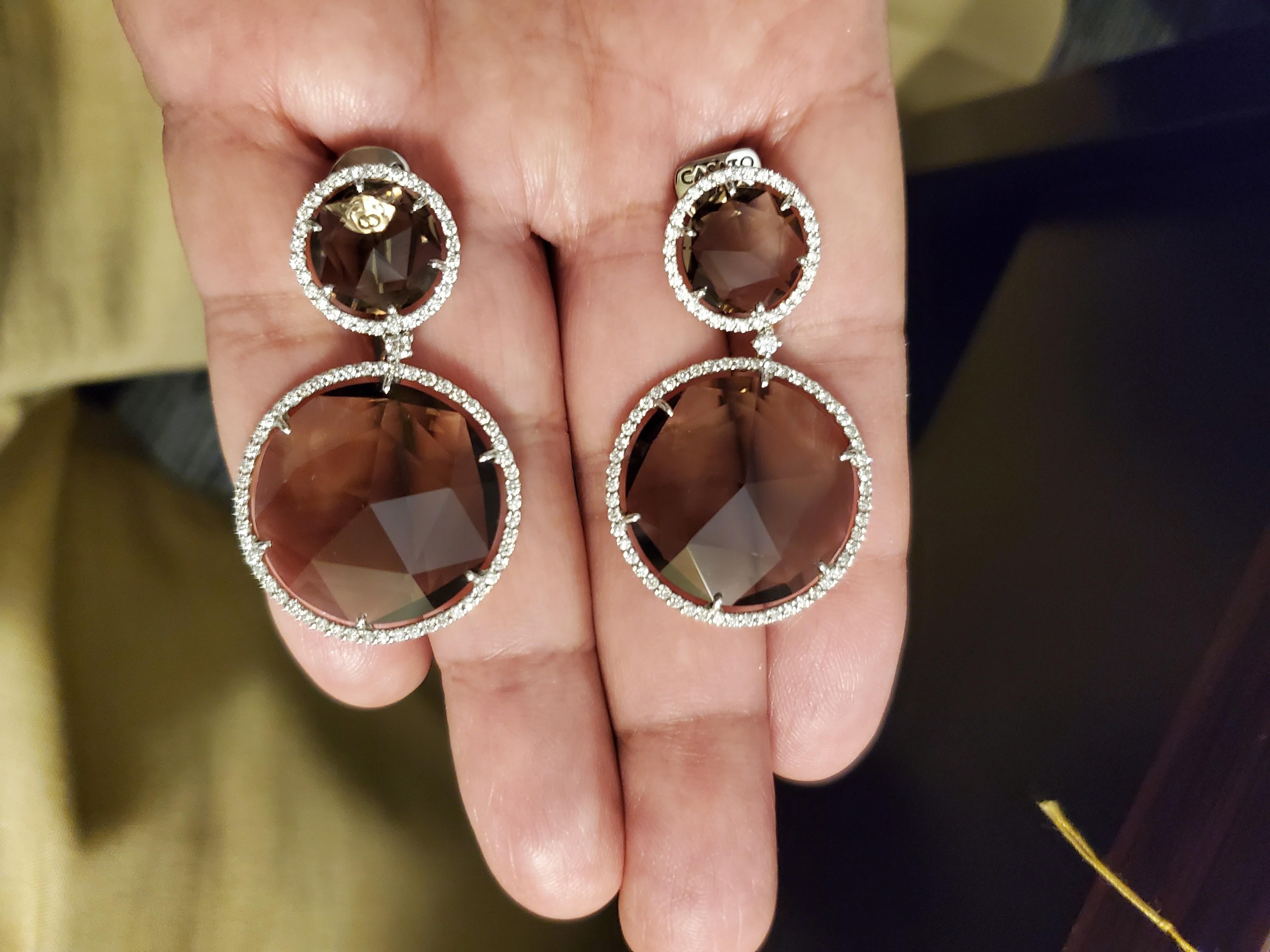 53 Carat Round Rose-Cut Smoky Quartz and Diamond Gold Earrings In New Condition For Sale In Hong Kong, HK