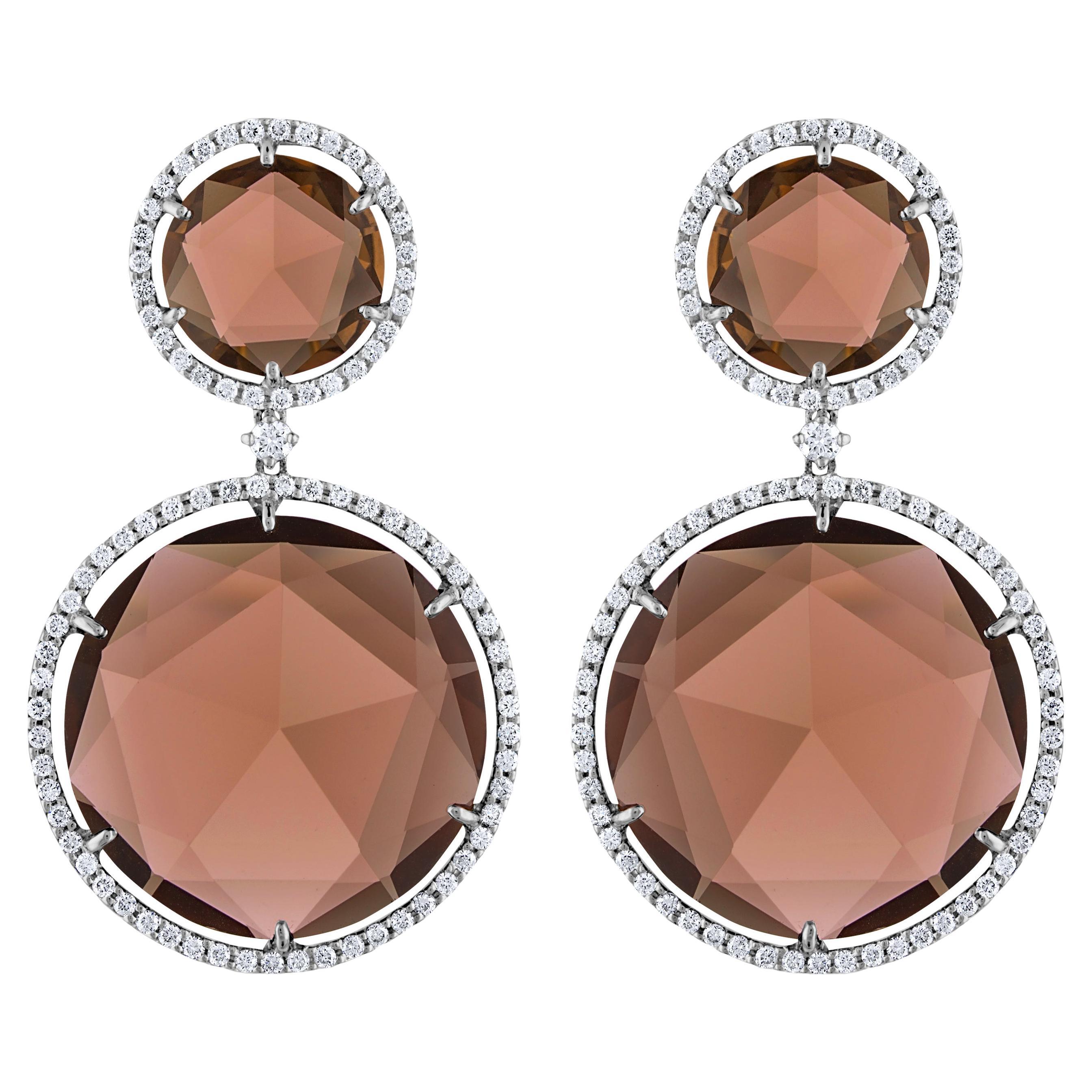 53 Carat Round Rose-Cut Smoky Quartz and Diamond Gold Earrings For Sale