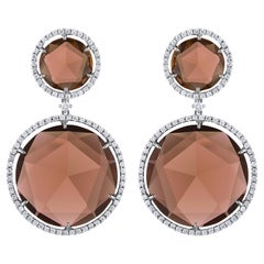 Used 53 Carat Round Rose-Cut Smoky Quartz and Diamond Gold Earrings