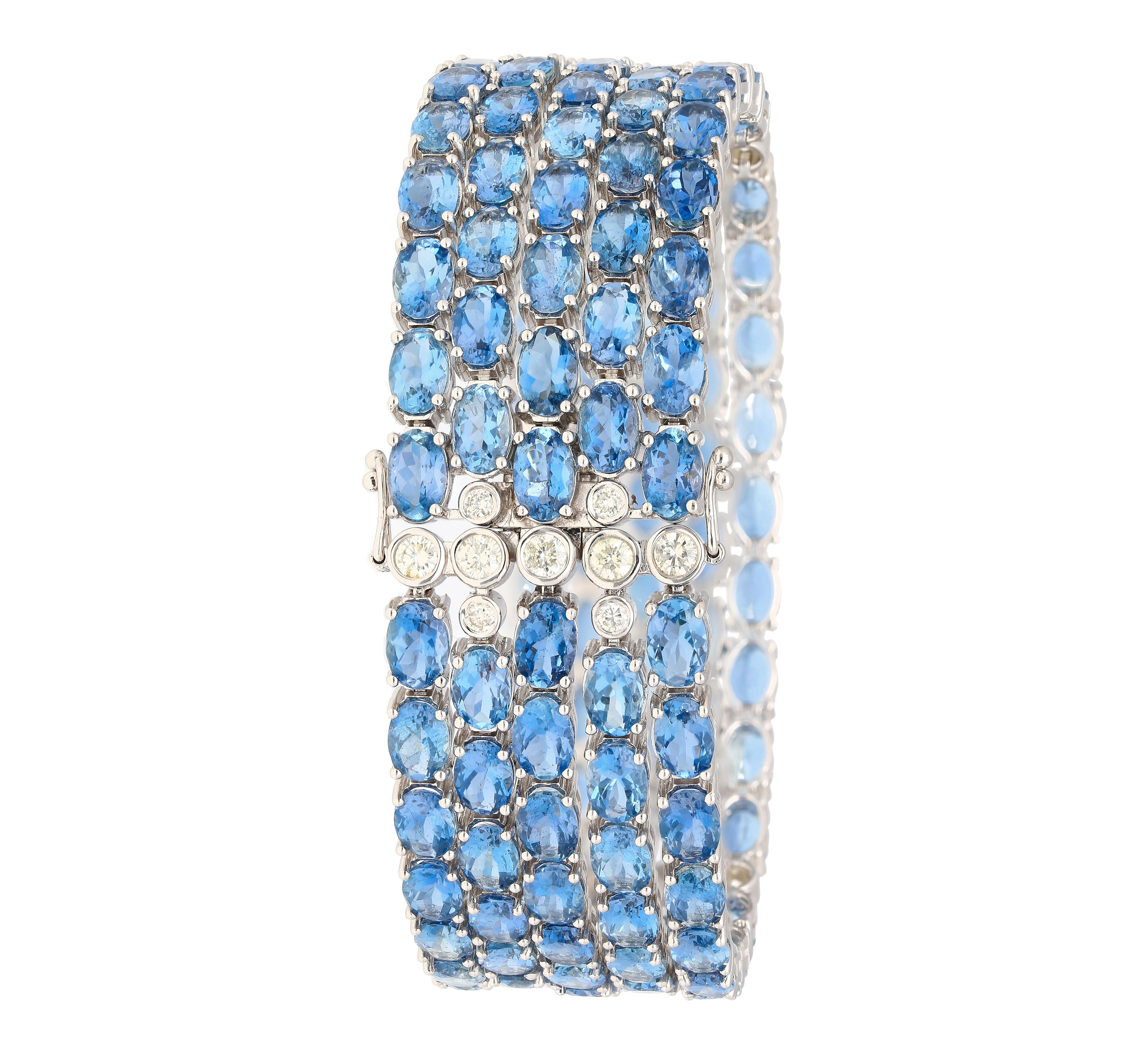 53 Carat Oval Cut Aquamarine and Diamond Multi Row Tennis Bracelet in White Gold For Sale 5