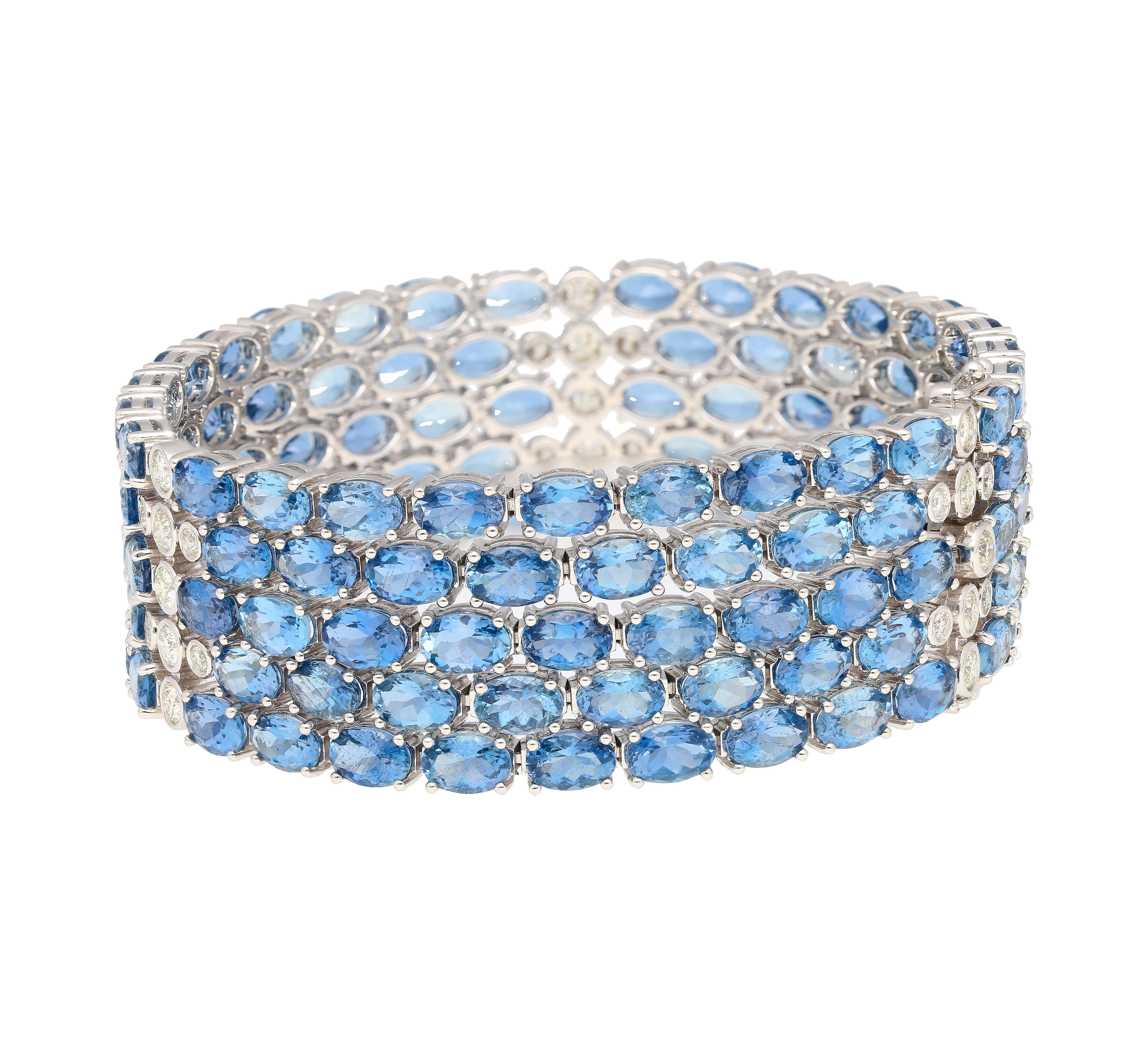 53 Carat Oval Cut Aquamarine and Diamond Multi Row Tennis Bracelet in White Gold In New Condition For Sale In Miami, FL