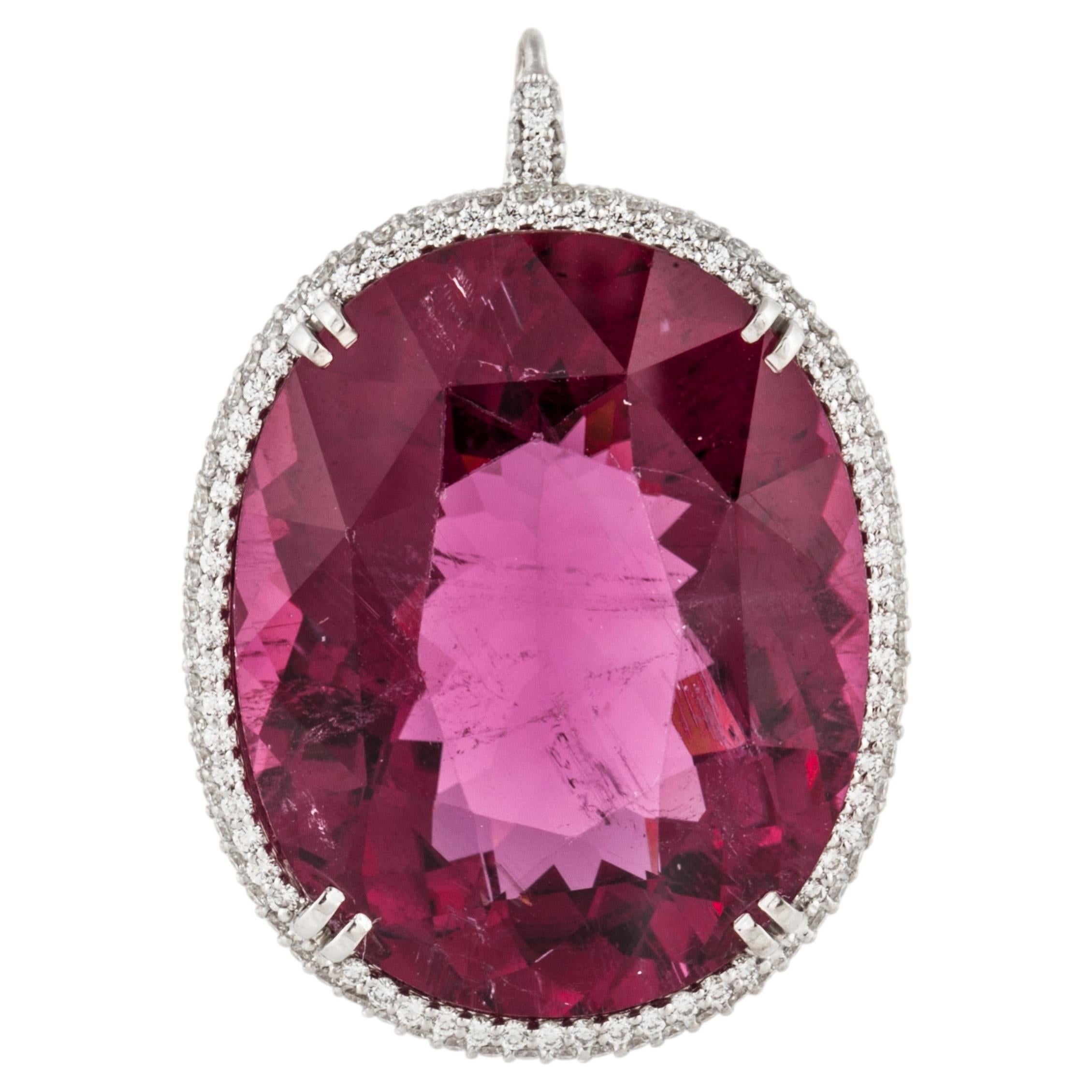 53 Carat Rubellite 18K White Gold Pendant with Diamonds