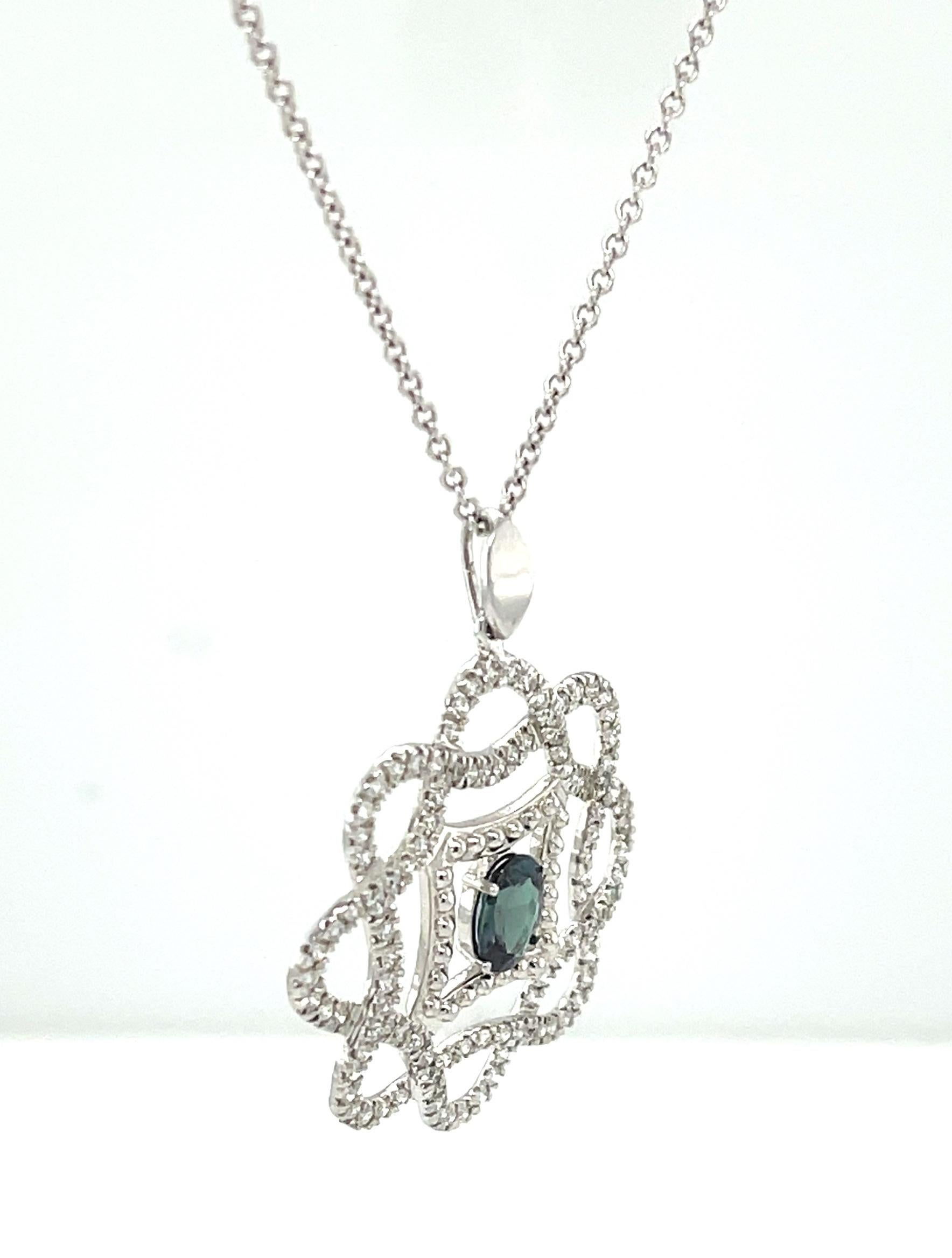 Artisan .53 Carat Alexandrite and Diamond Swirl Pendant in White Gold with Chain For Sale