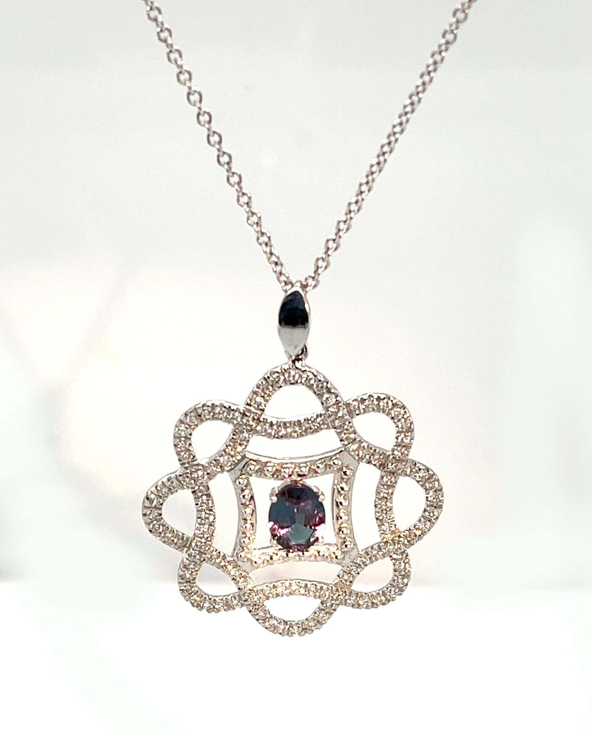 .53 Carat Alexandrite and Diamond Swirl Pendant in White Gold with Chain For Sale 1