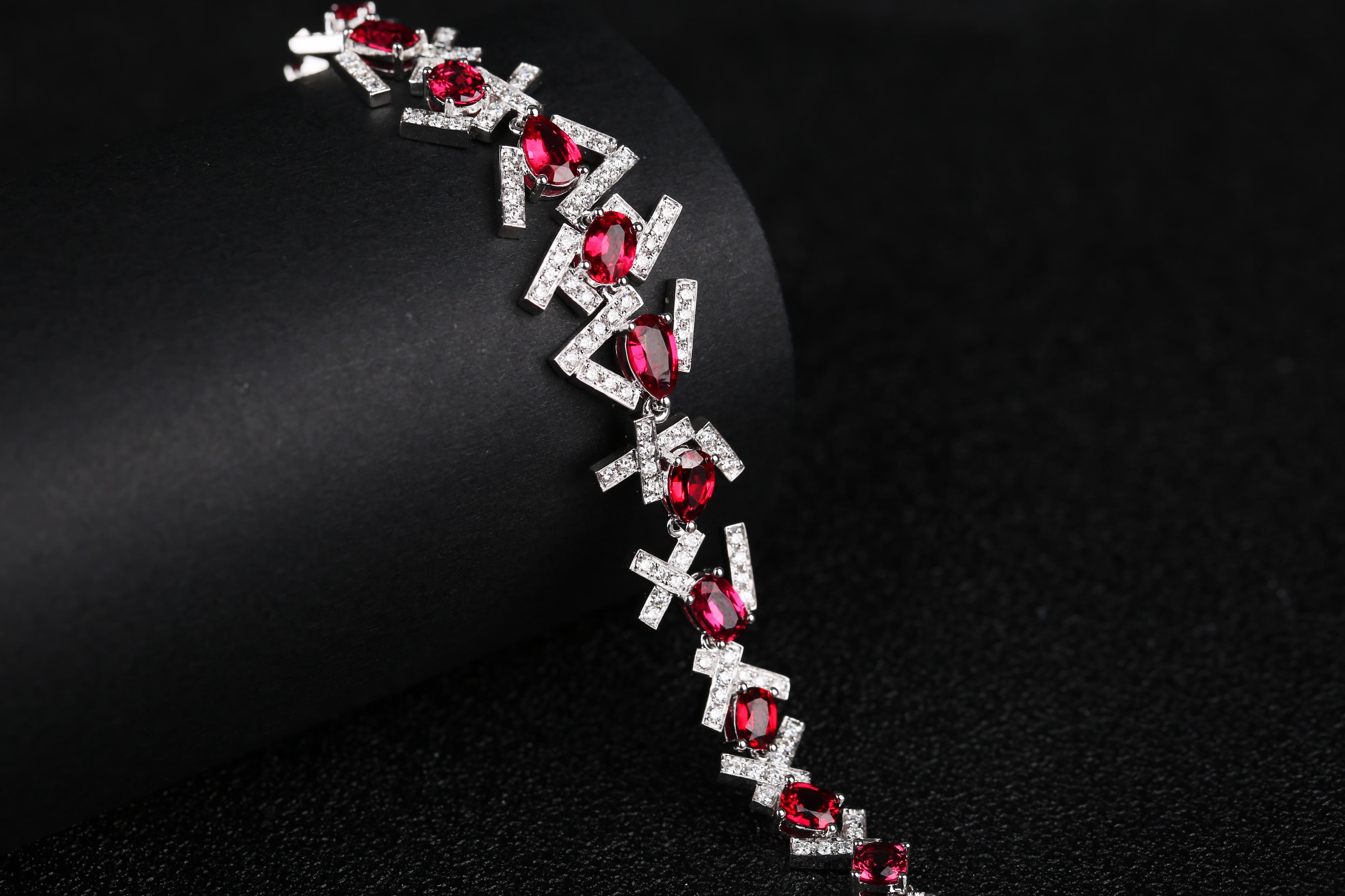 Brilliant Cut Eostre Intense Red Spinel and Diamond White Gold Bracelet 