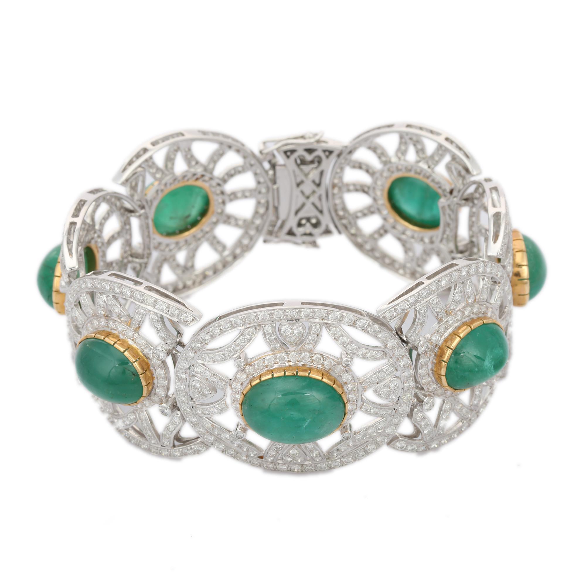 53 CTW Emerald & 12.5 CTW Diamond Statement Bracelet en or jaune massif 18K en vente 3