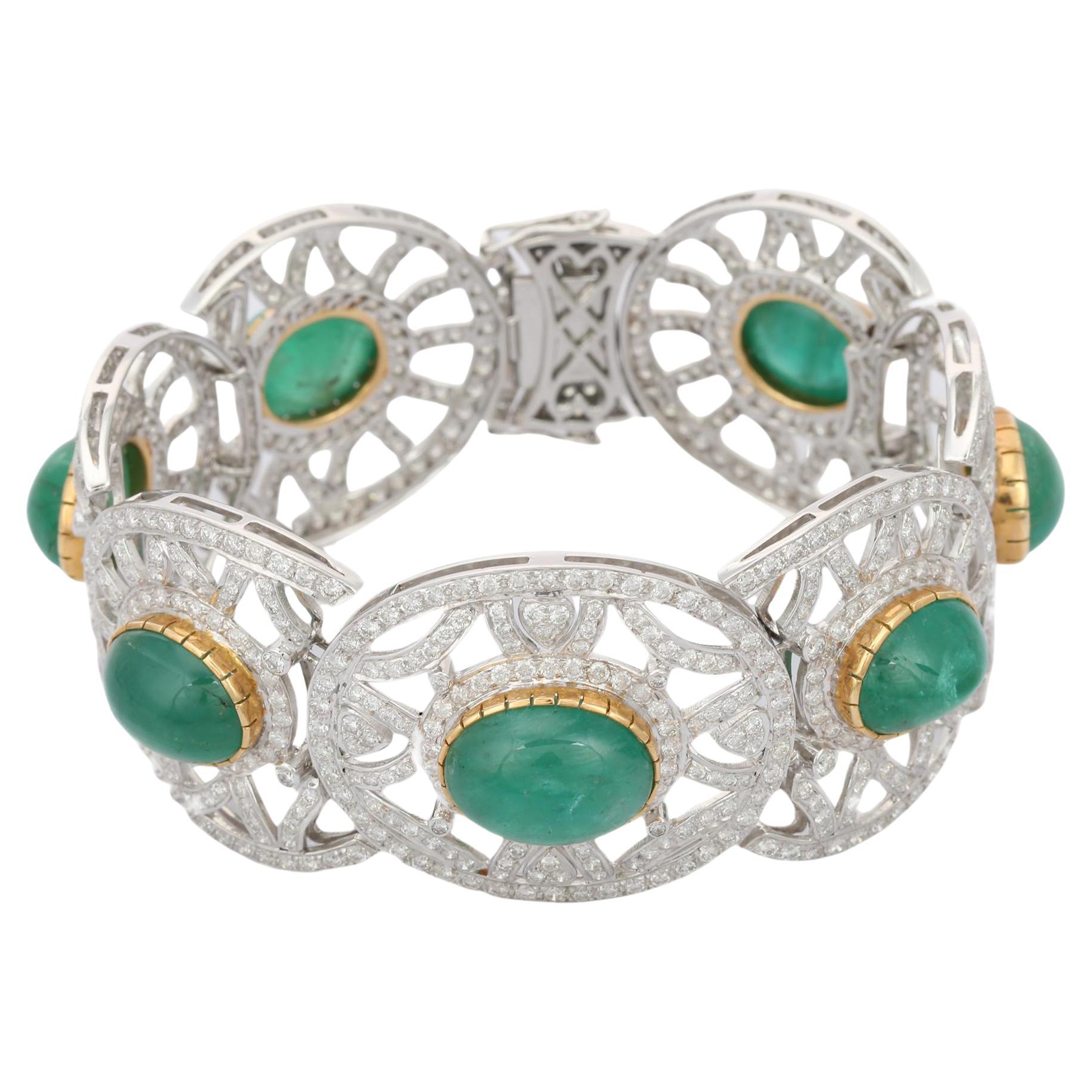 53 CTW Emerald & 12.5 CTW Diamond Statement Bracelet in 18K Solid Yellow Gold