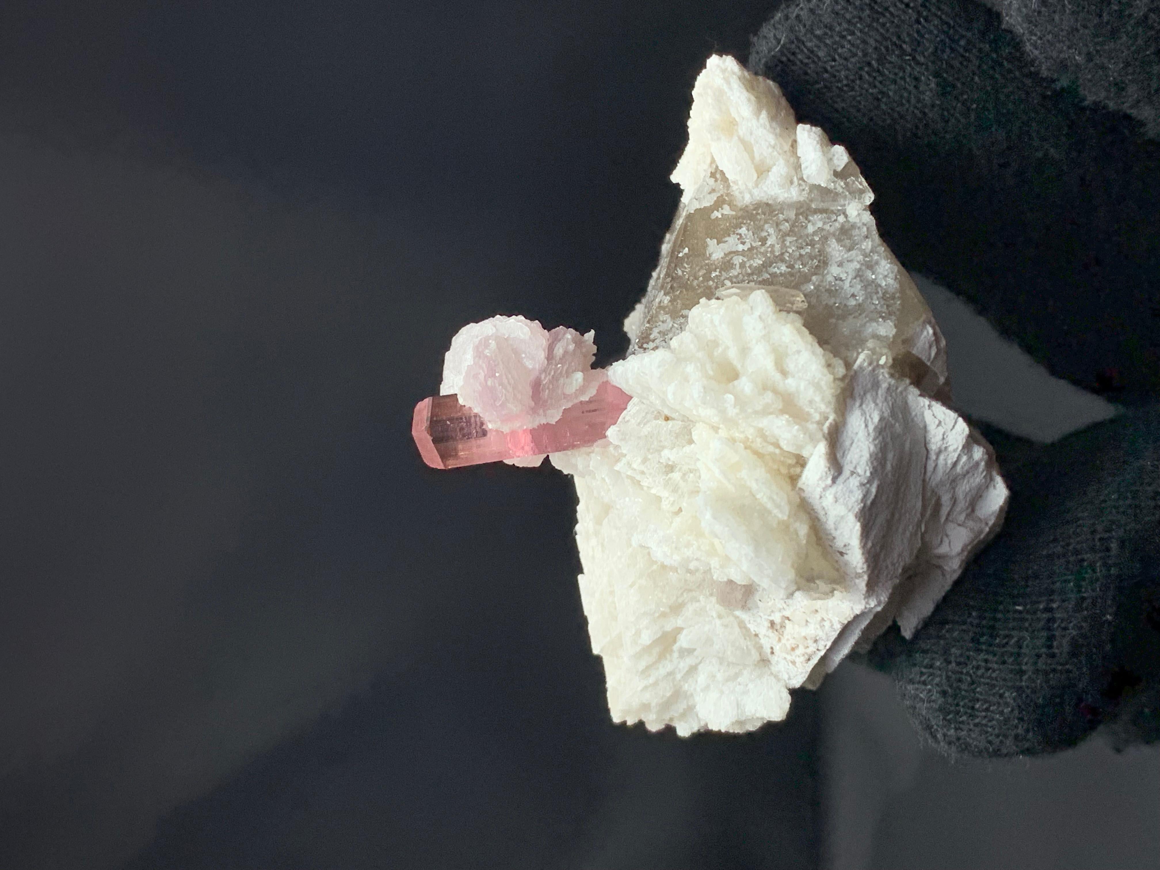 Modern 53 Grams Pink Tourmaline With Lepidolite On Smoky Quartz From Afghanistan For Sale