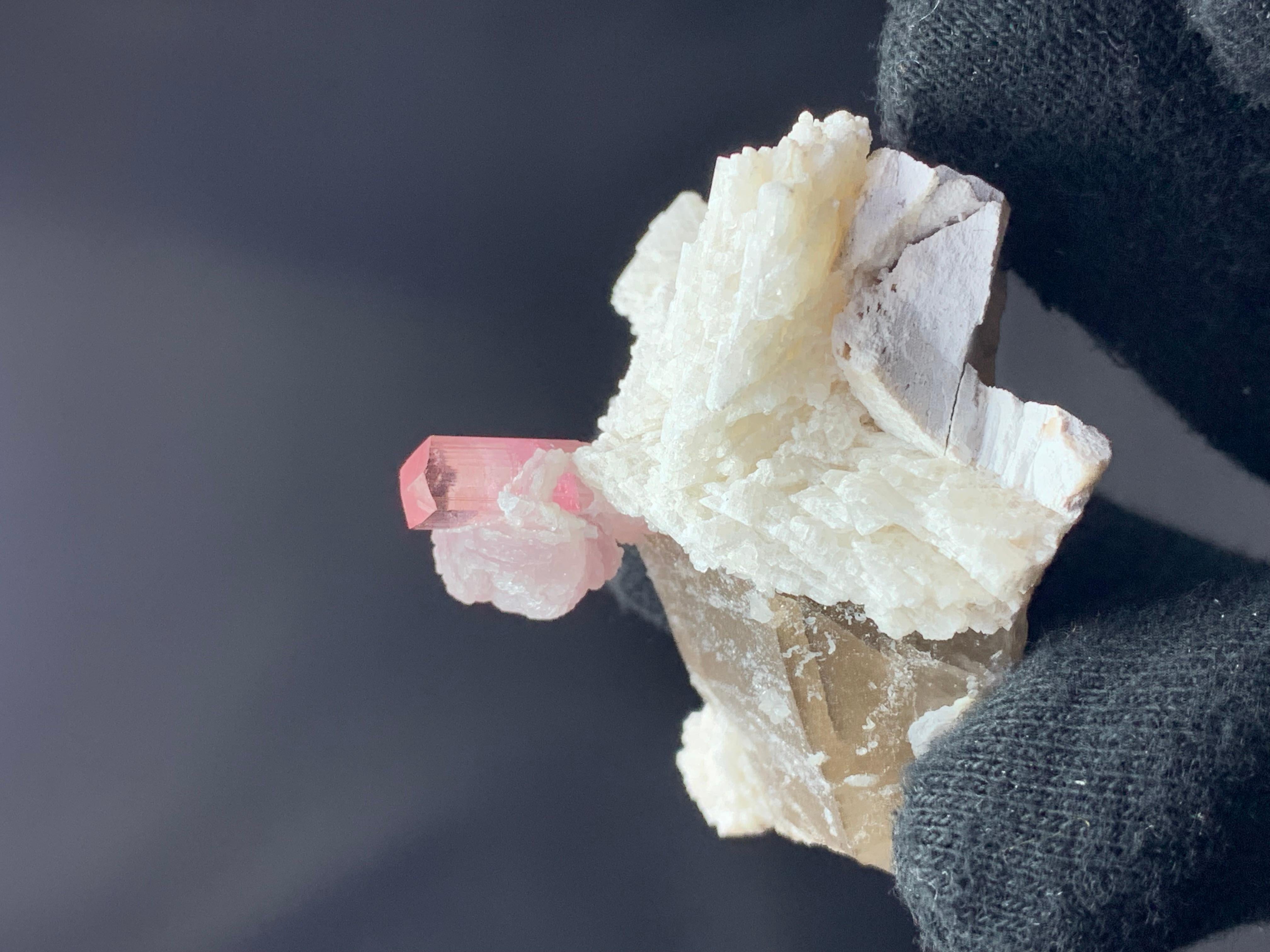 Contemporary 53 Grams Pink Tourmaline With Lepidolite On Smoky Quartz From Afghanistan For Sale