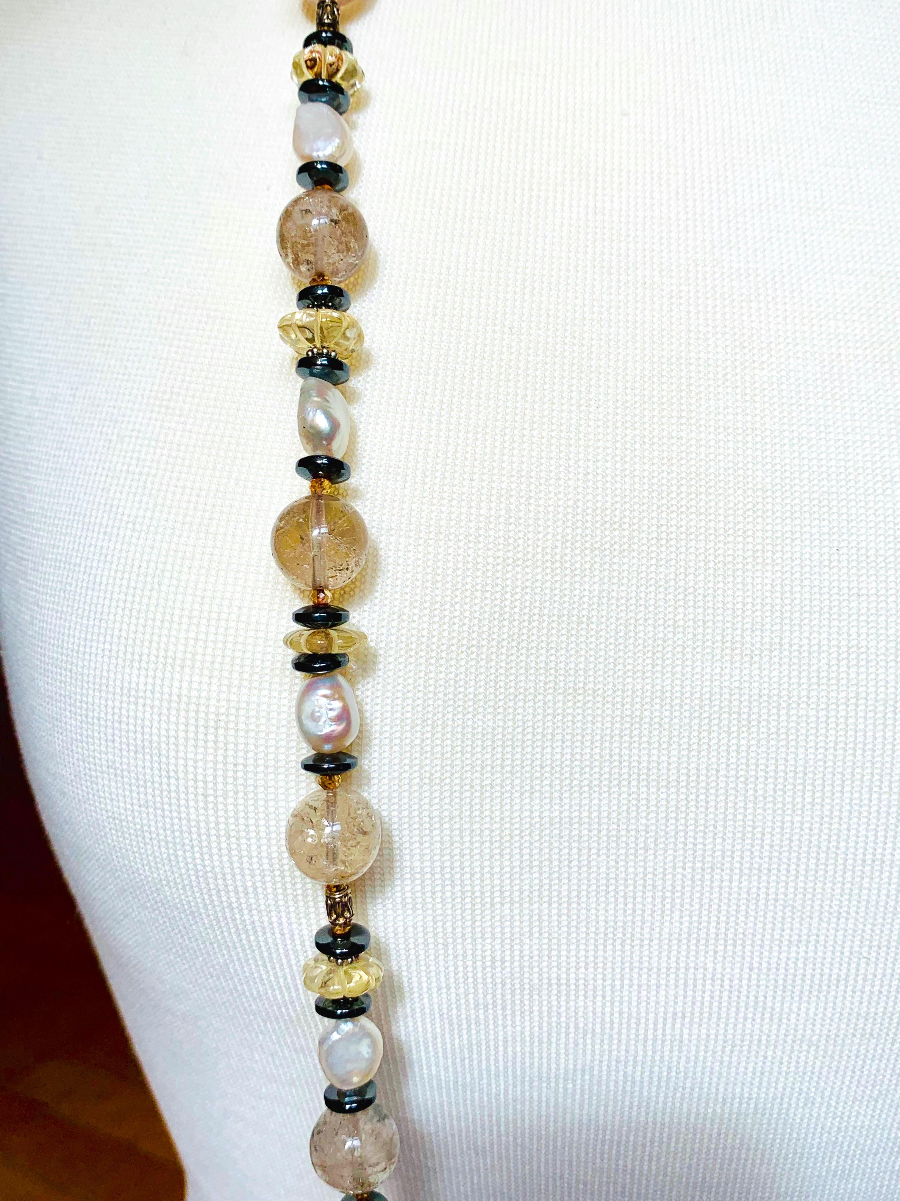 Artisan Collier long de 53 pouces de long en quartz rutile, citrine et perle d'eau douce en vente