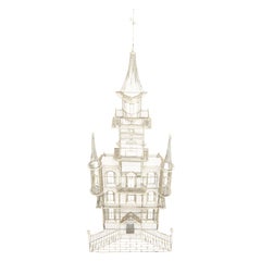 Alto 53  Scultura a parete in filo metallico di architettura della casa del castello, anni '60 ca.