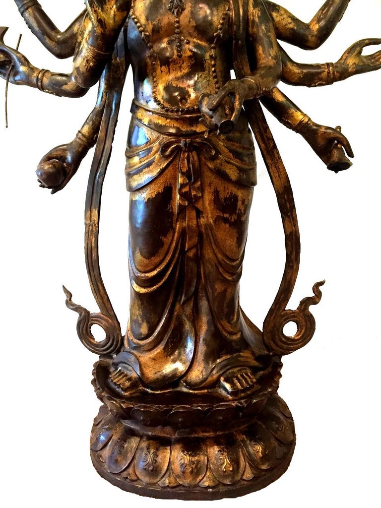 53" Tall Gilded Bronze Tibetan Tara Statue, Kwan Yin with MultiArms For Sale at 1stdibs