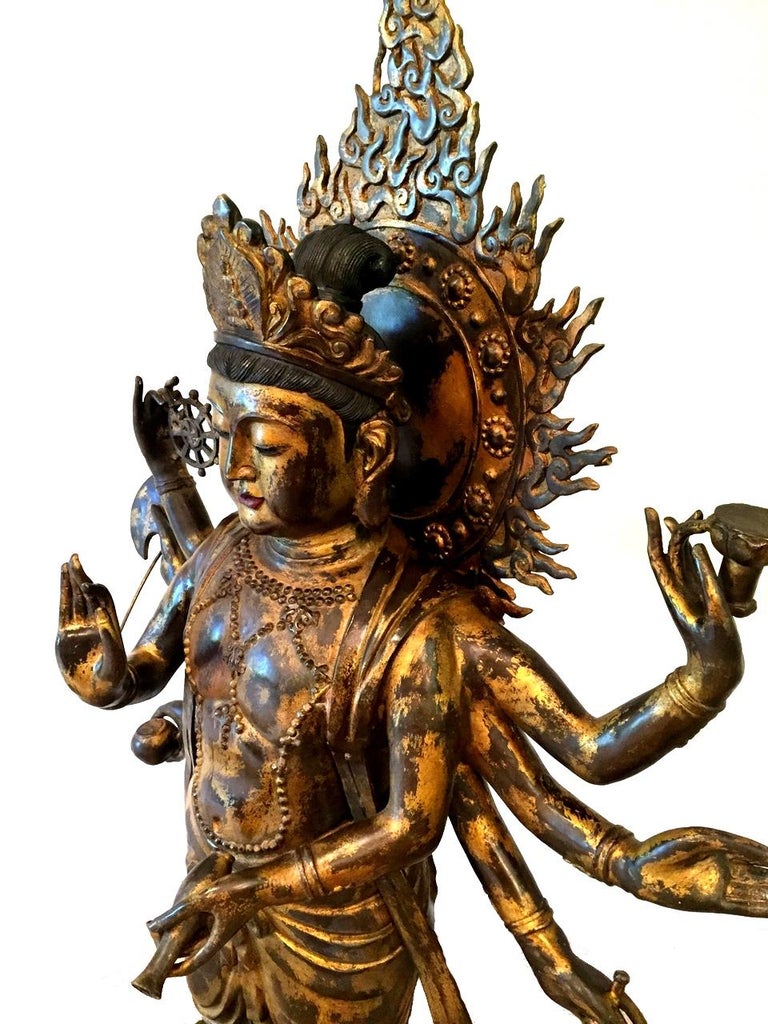 53" Tall Gilded Bronze Tibetan Tara Statue, Kwan Yin with MultiArms For Sale at 1stdibs