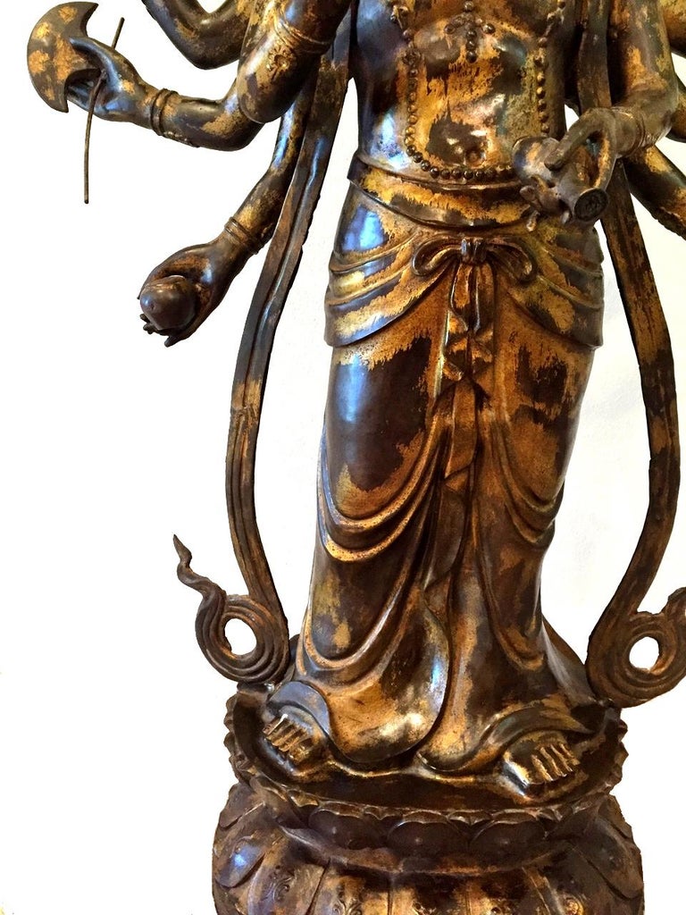53" Tall Gilded Bronze Tibetan Tara Statue, Kwan Yin with MultiArms For Sale at 1stdibs