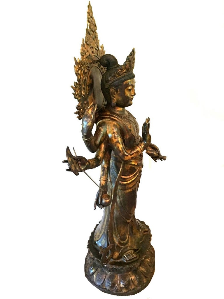 53" Tall Gilded Bronze Tibetan Tara Statue, Kwan Yin with MultiArms For Sale at 1stdibs