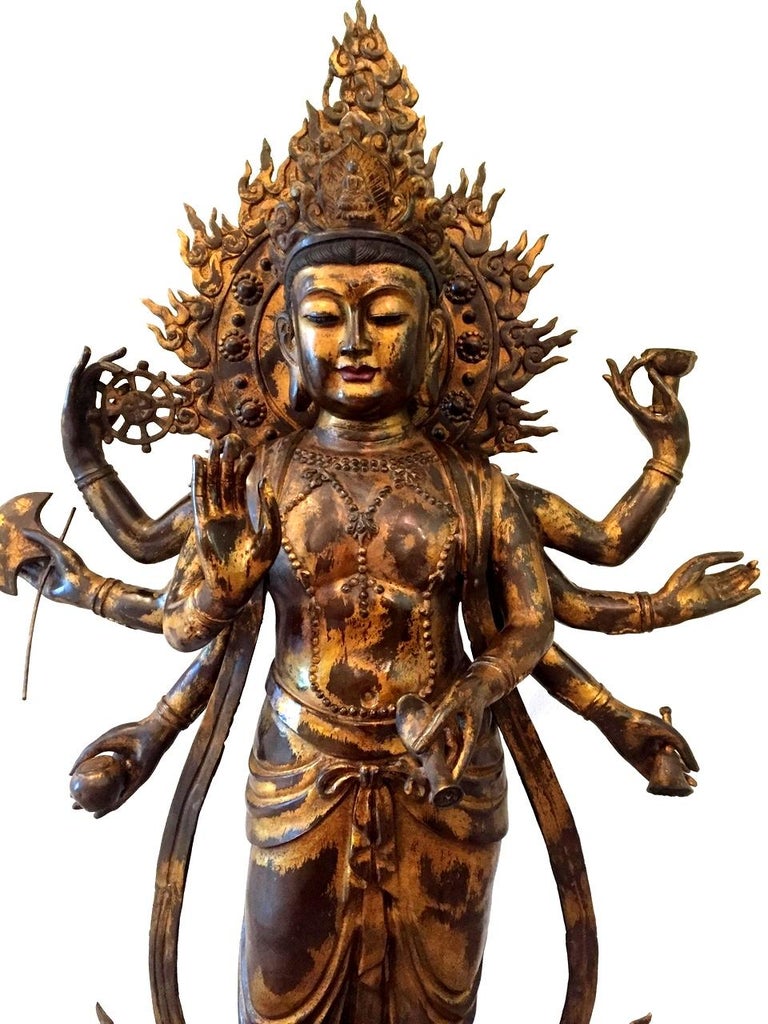 53" Tall Gilded Bronze Tibetan Tara Statue, Kwan Yin with MultiArms