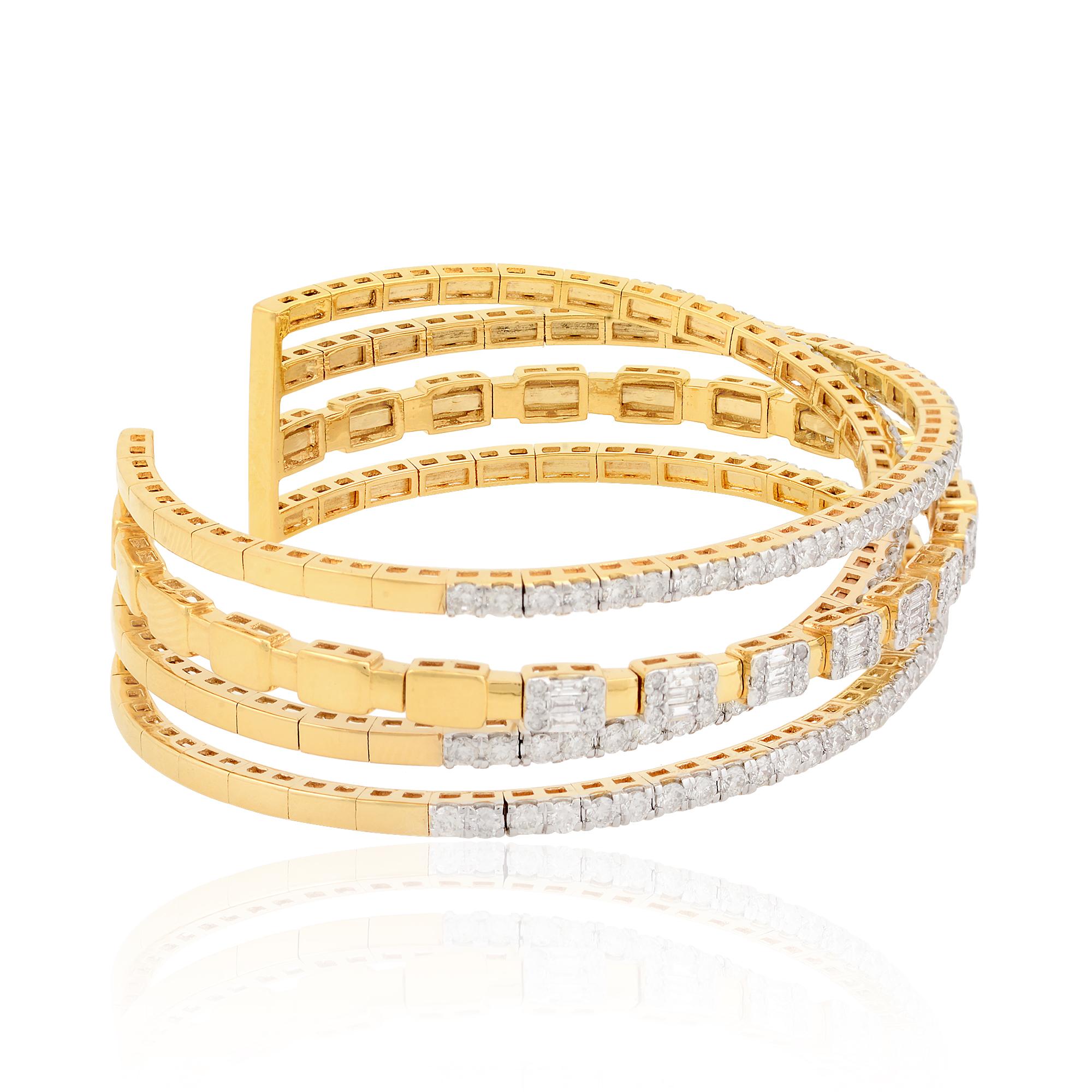 Modern 5.30 Carat Baguette Diamond Multi Layer Cuff Bangle Bracelet 14k Yellow Gold For Sale