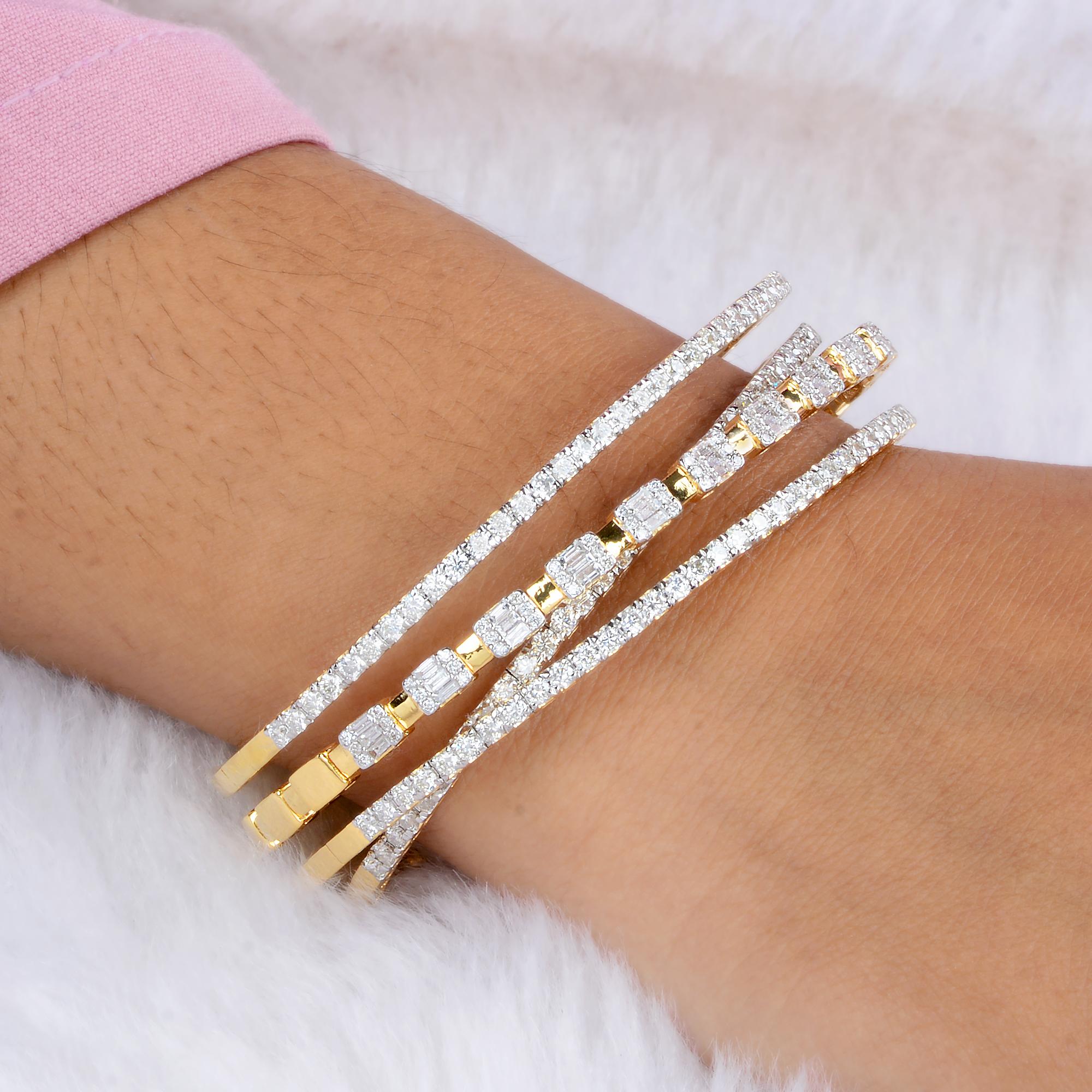 This baguette diamond multi-layer cuff bangle bracelet is a versatile piece that can be worn for both formal and casual occasions. Its sophisticated design adds a touch of glamour to any outfit, whether it's a glamorous evening gown or a chic
