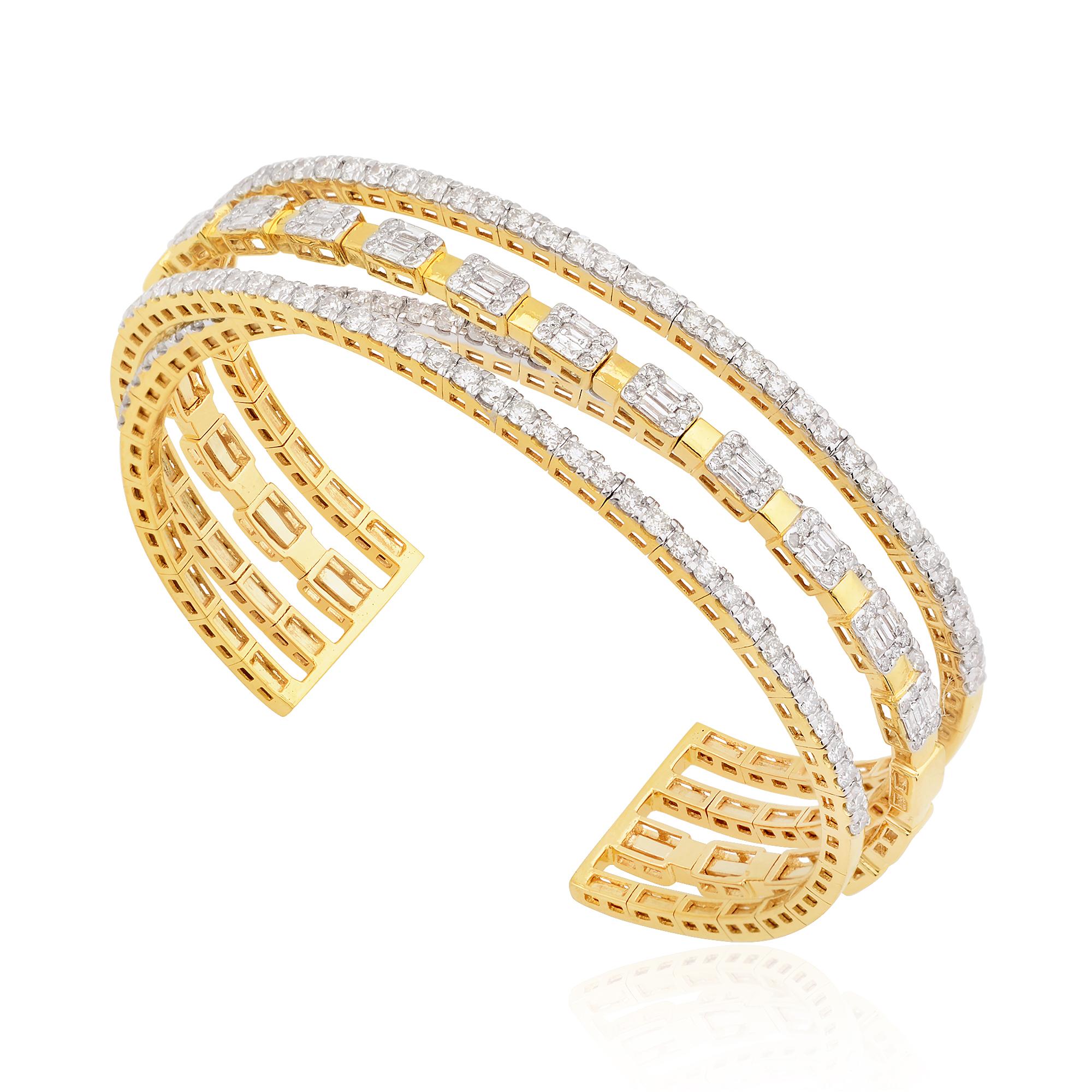 Modern 5.30 Carat Baguette Diamond Multi Layer Cuff Bangle Bracelet 18k Yellow Gold For Sale