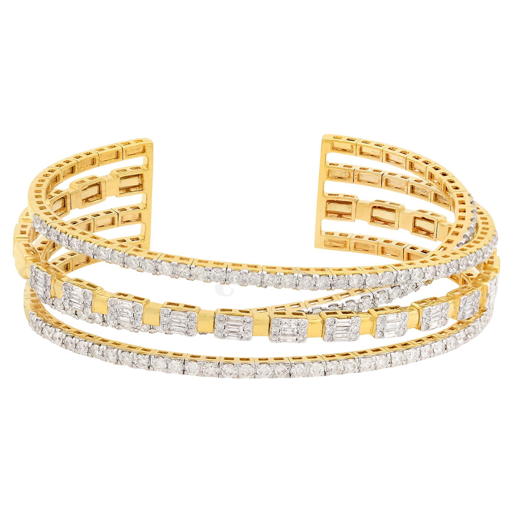 5.30 Carat Baguette Diamond Multi Layer Cuff Bangle Bracelet 18k Yellow Gold For Sale